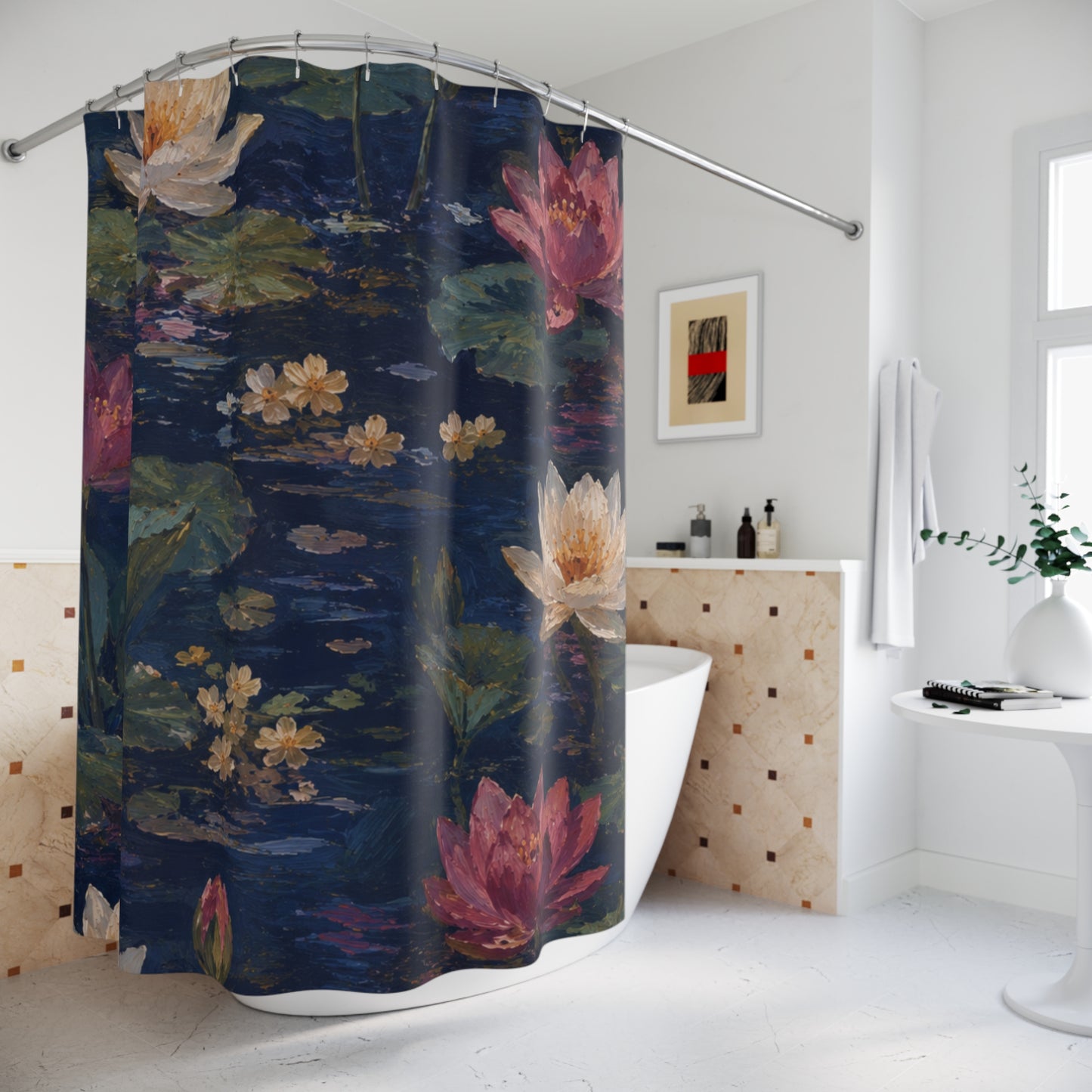 Dark Blue Lotus Pond Shower Curtain — Dark Botanical Bathroom Decor