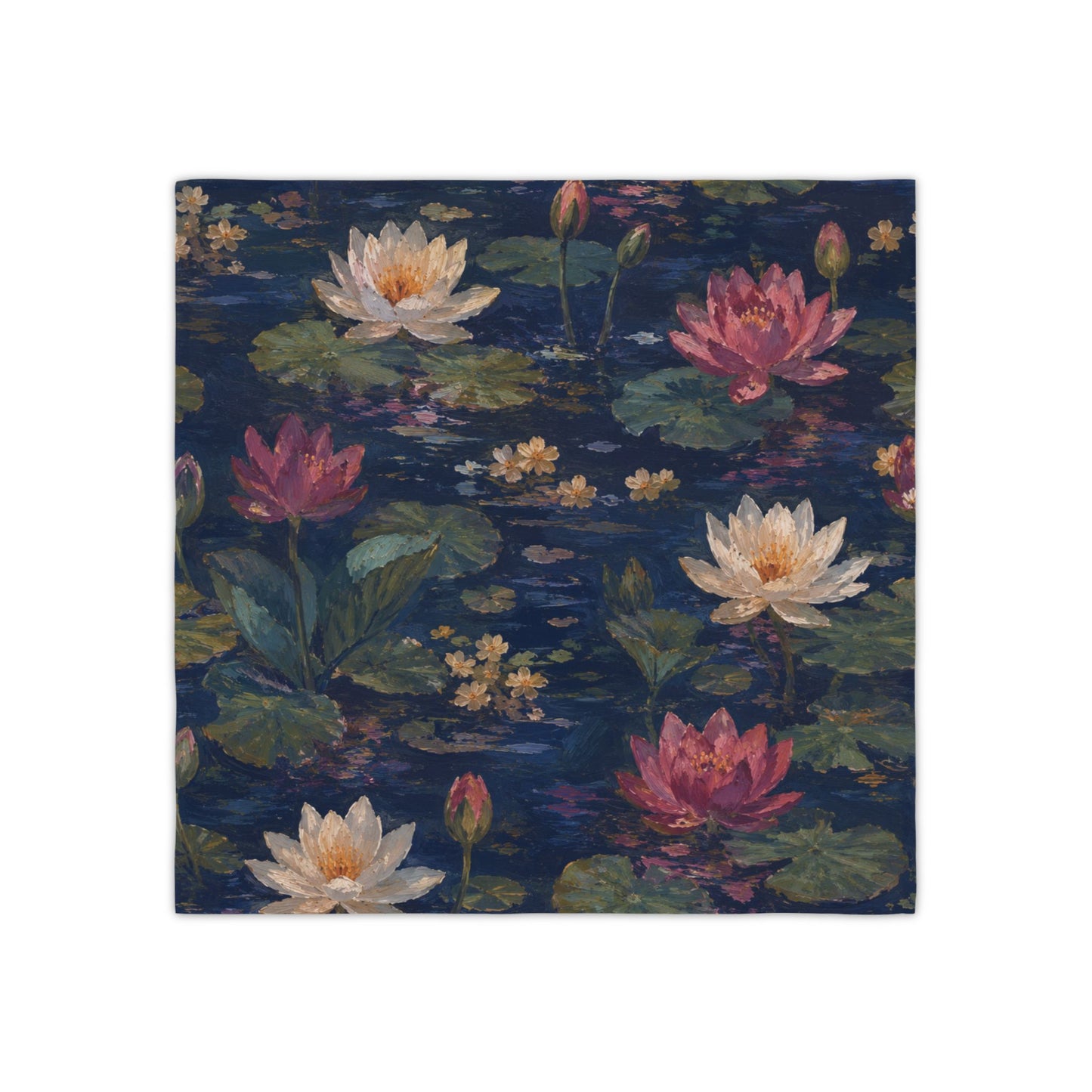 Dark Blue Lotus Pond Napkins - Set of 4, Vintage Botanical Dinner Napkins