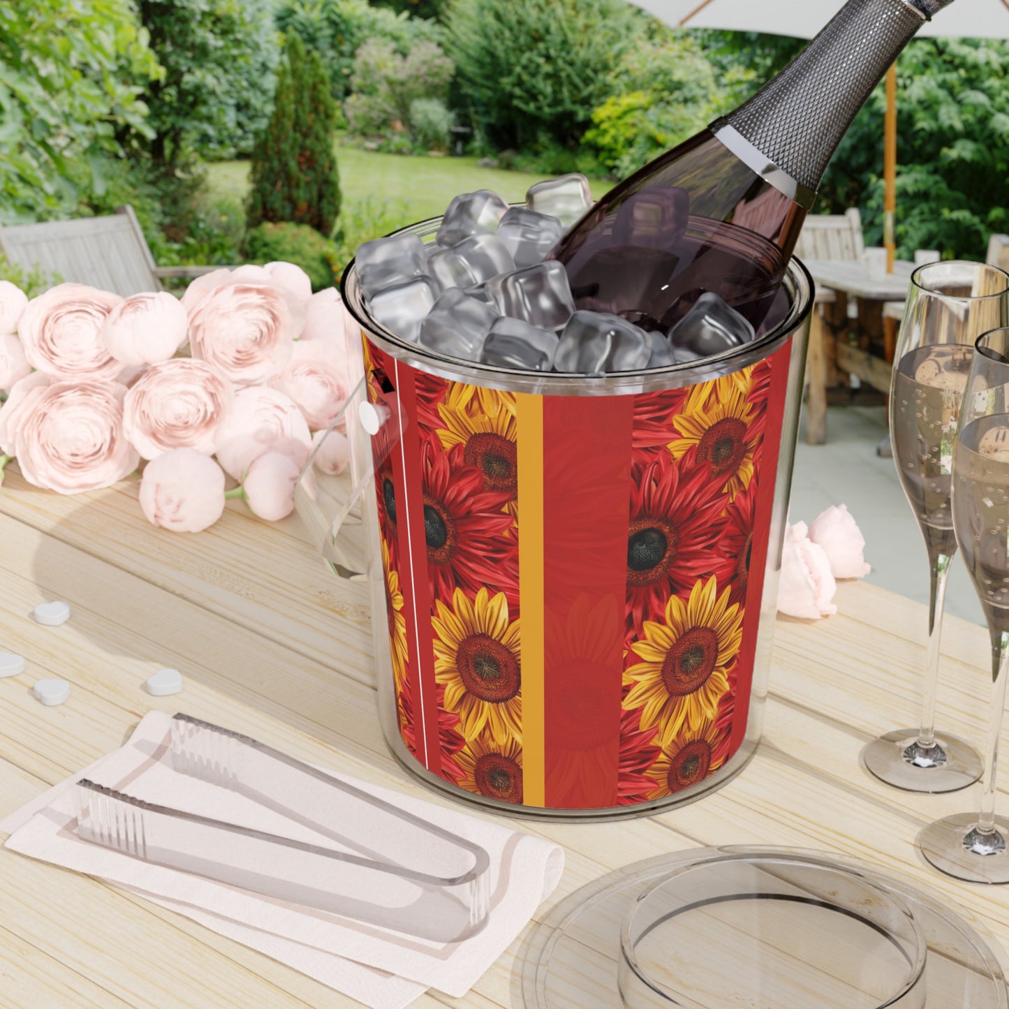 Crimson Gold Ice Bucket with Tongs