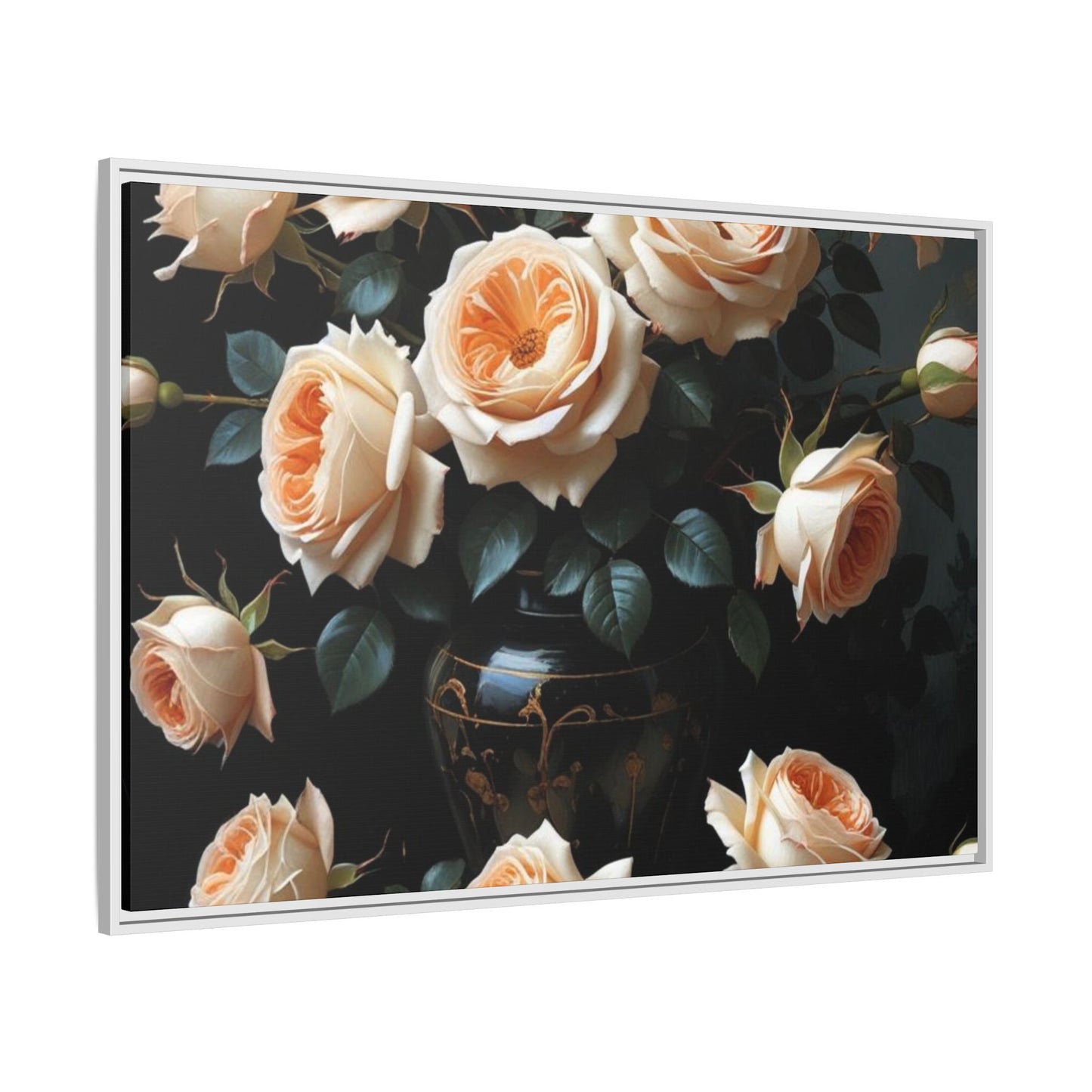 Peach Roses in Black Vase Floral Framed Matte Canvas Print