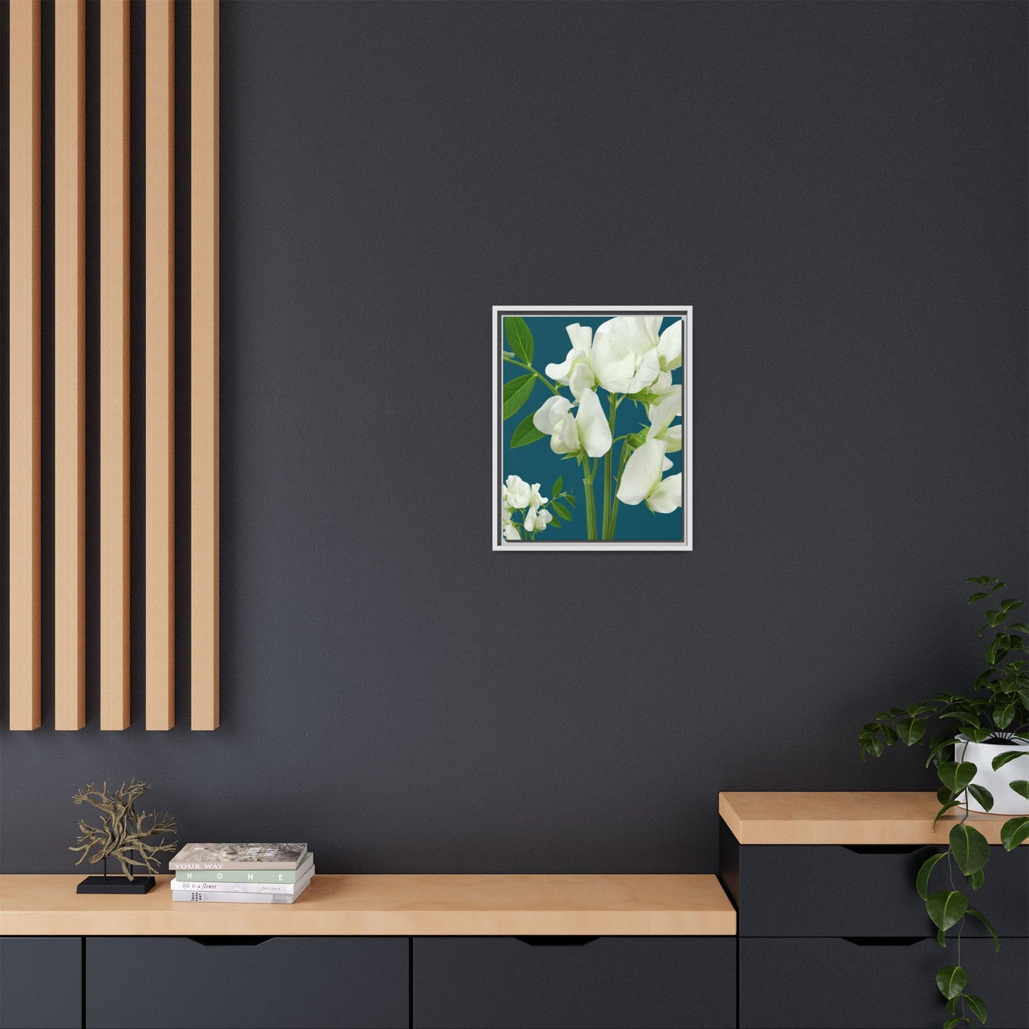 Framed White Sweet Pea Floral Matte Canvas Print