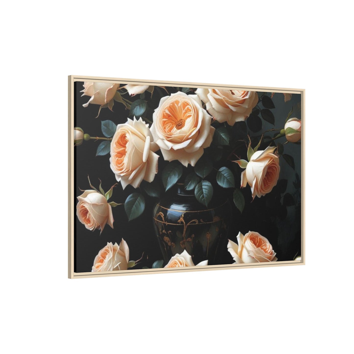 Peach Roses in Black Vase Floral Framed Matte Canvas Print