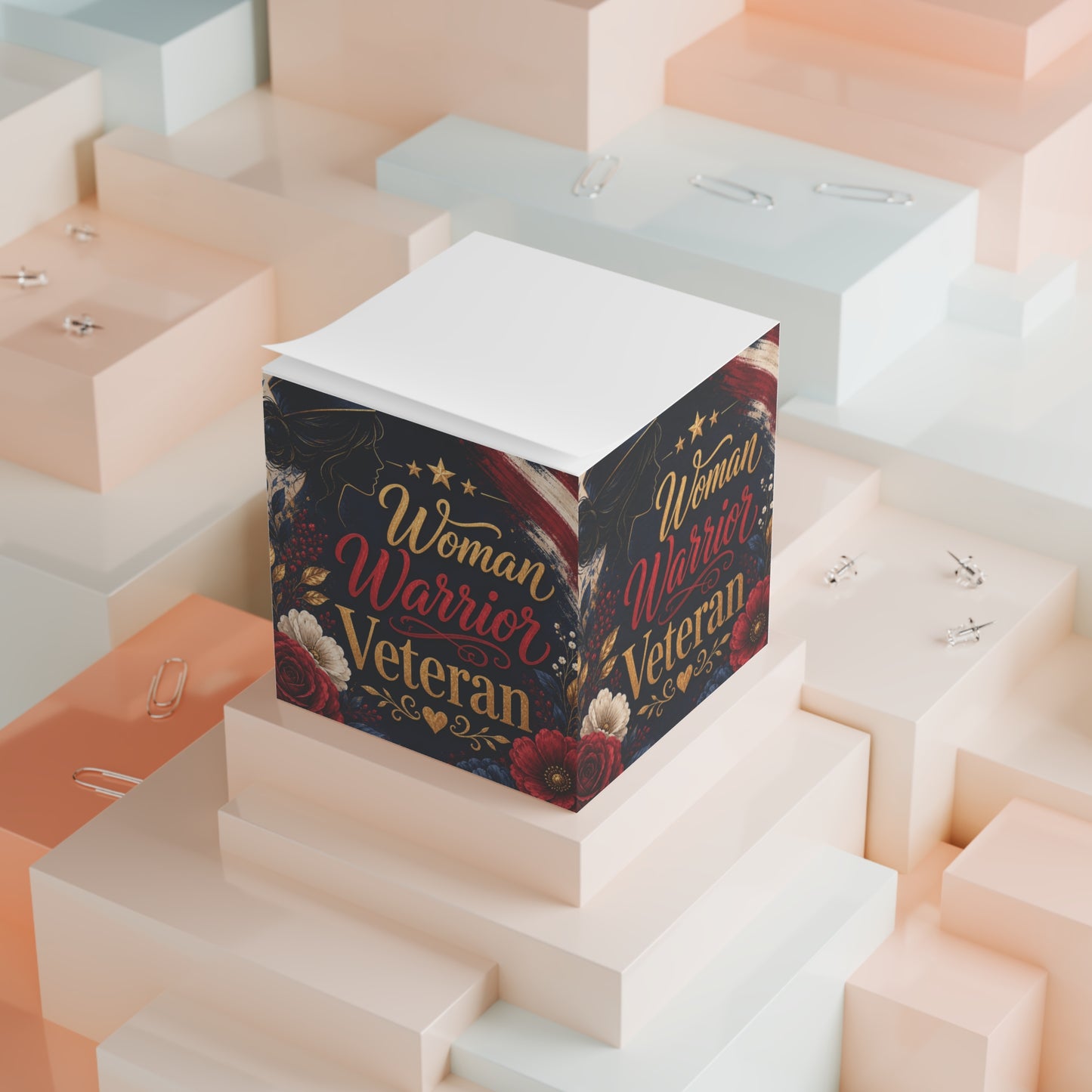 Woman Warrior Veteran Note Cube — Patriotic Sticky Note Block