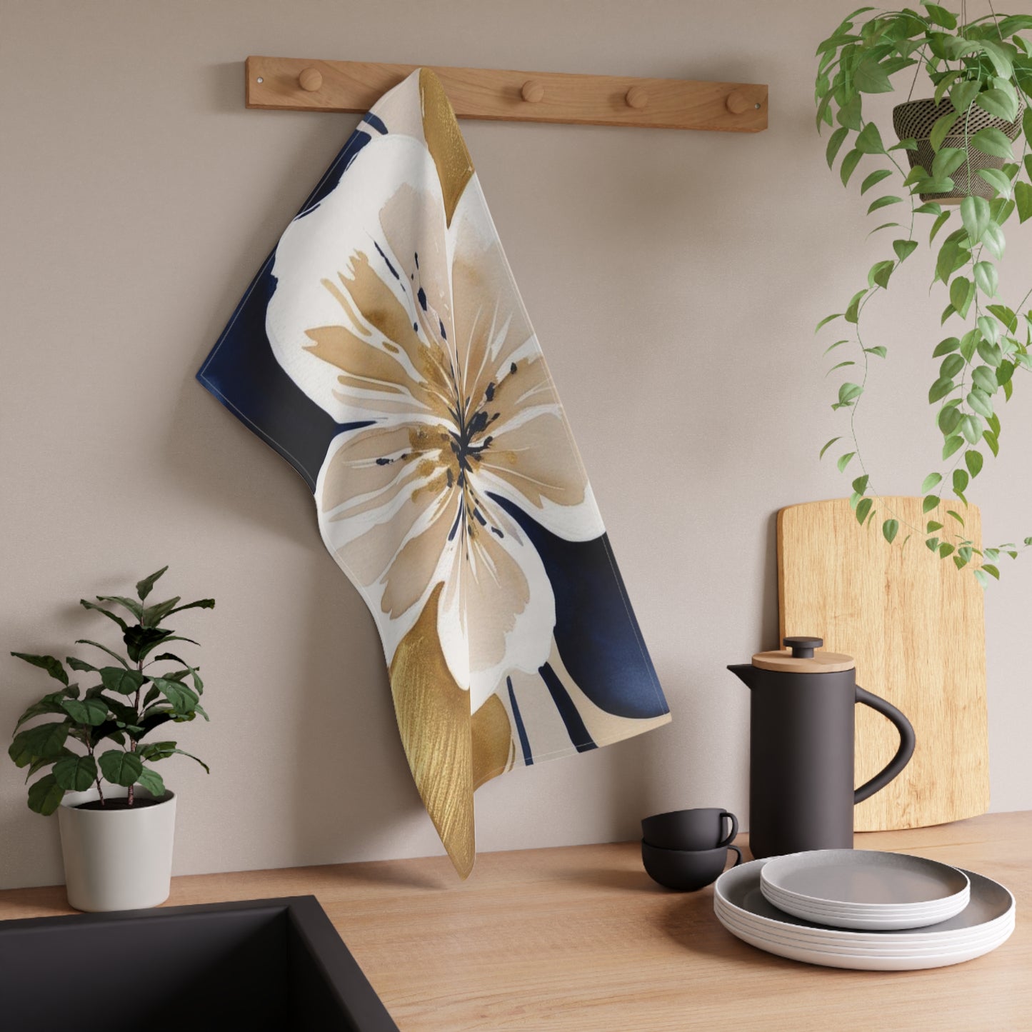 Floral Gold & Navy Tea Towels (cotton, poly)