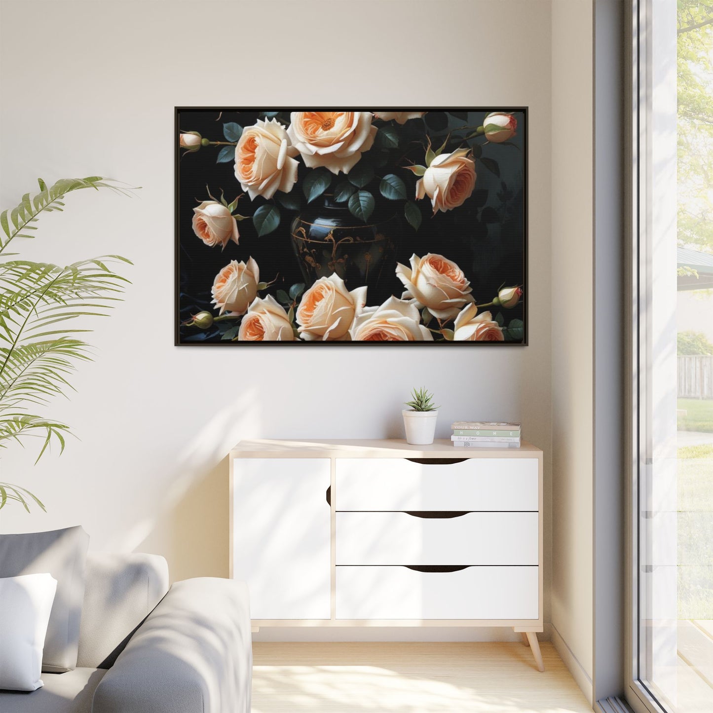 Peach Roses in Black Vase Floral Framed Matte Canvas Print