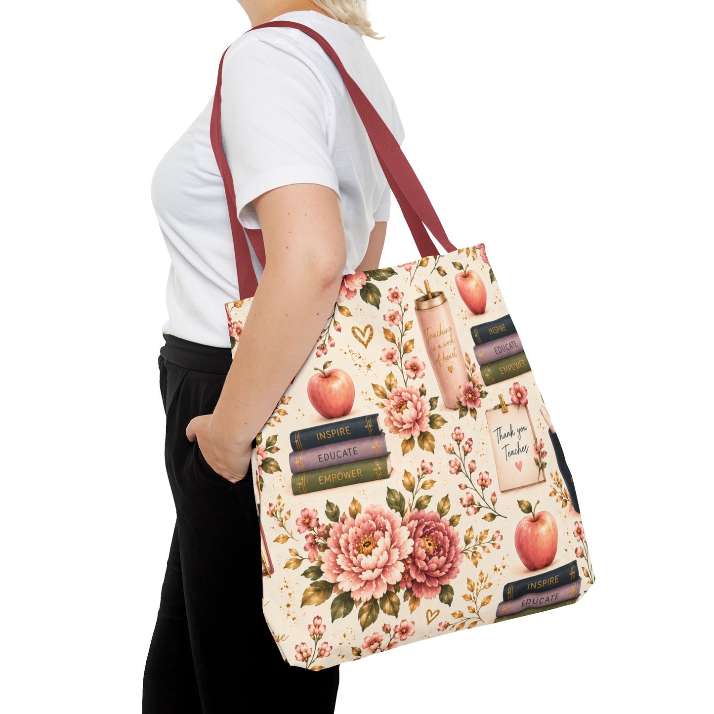 Teacher Appreciation Tote Bag - 'Thank You Teacher' Book & Apple Pattern