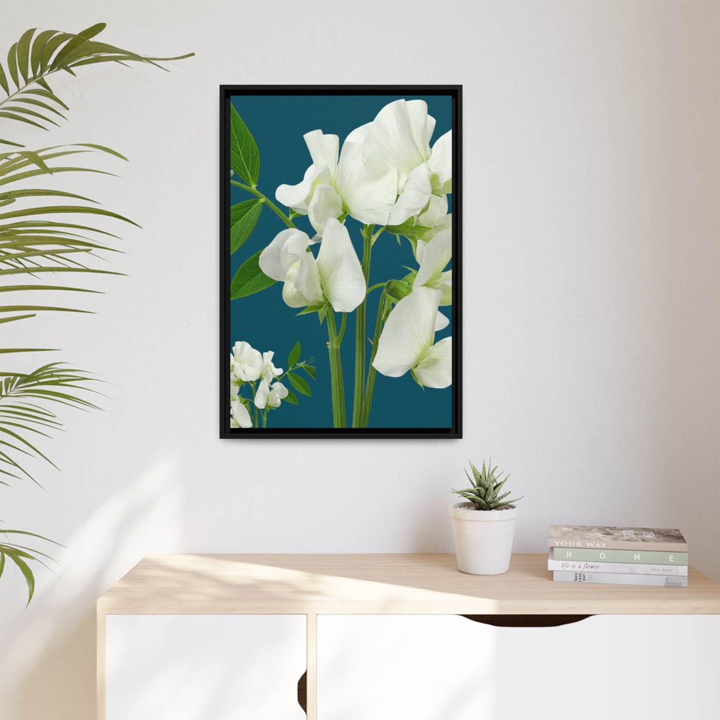 Framed White Sweet Pea Floral Matte Canvas Print