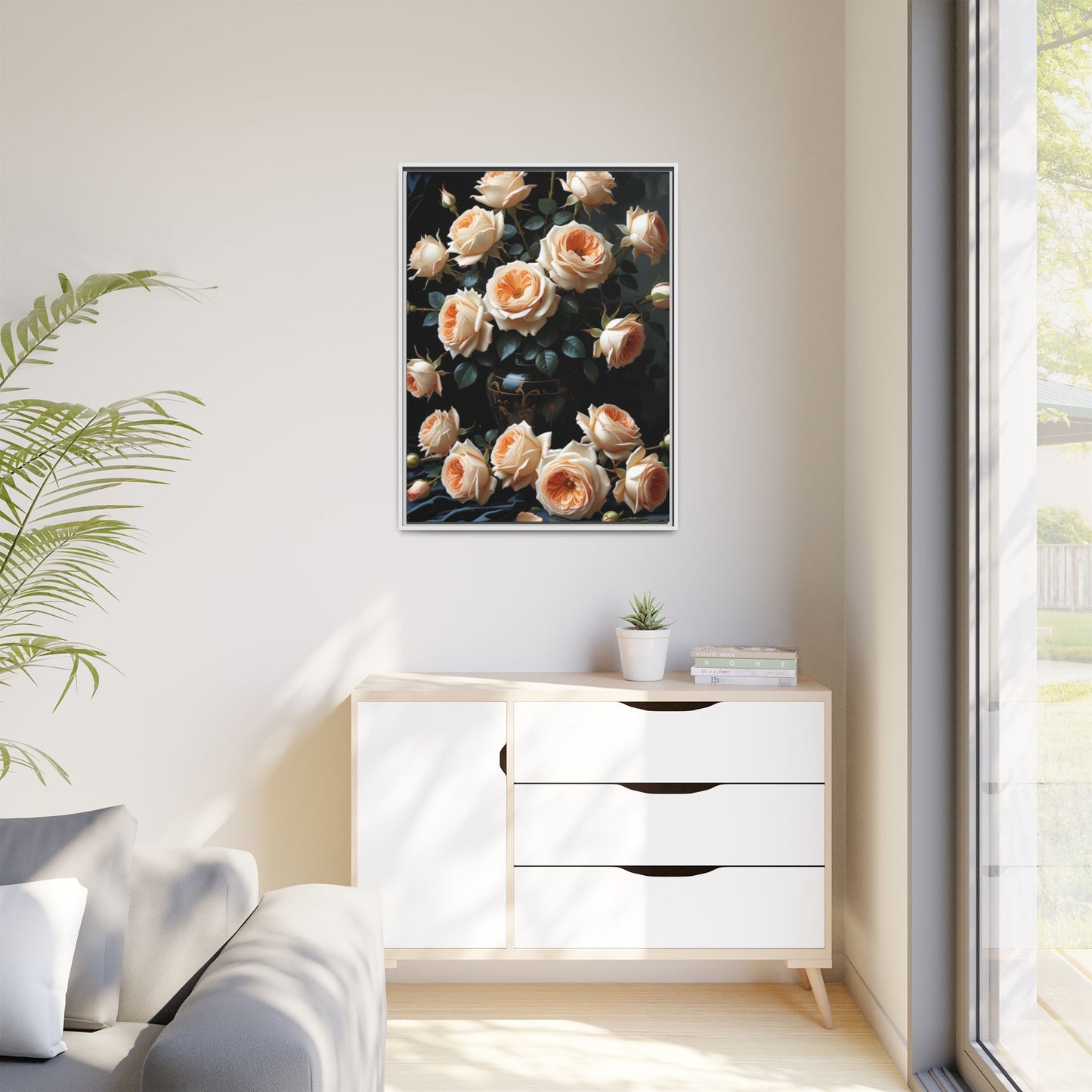 Peach Roses in Black Vase Floral Framed Matte Canvas Print
