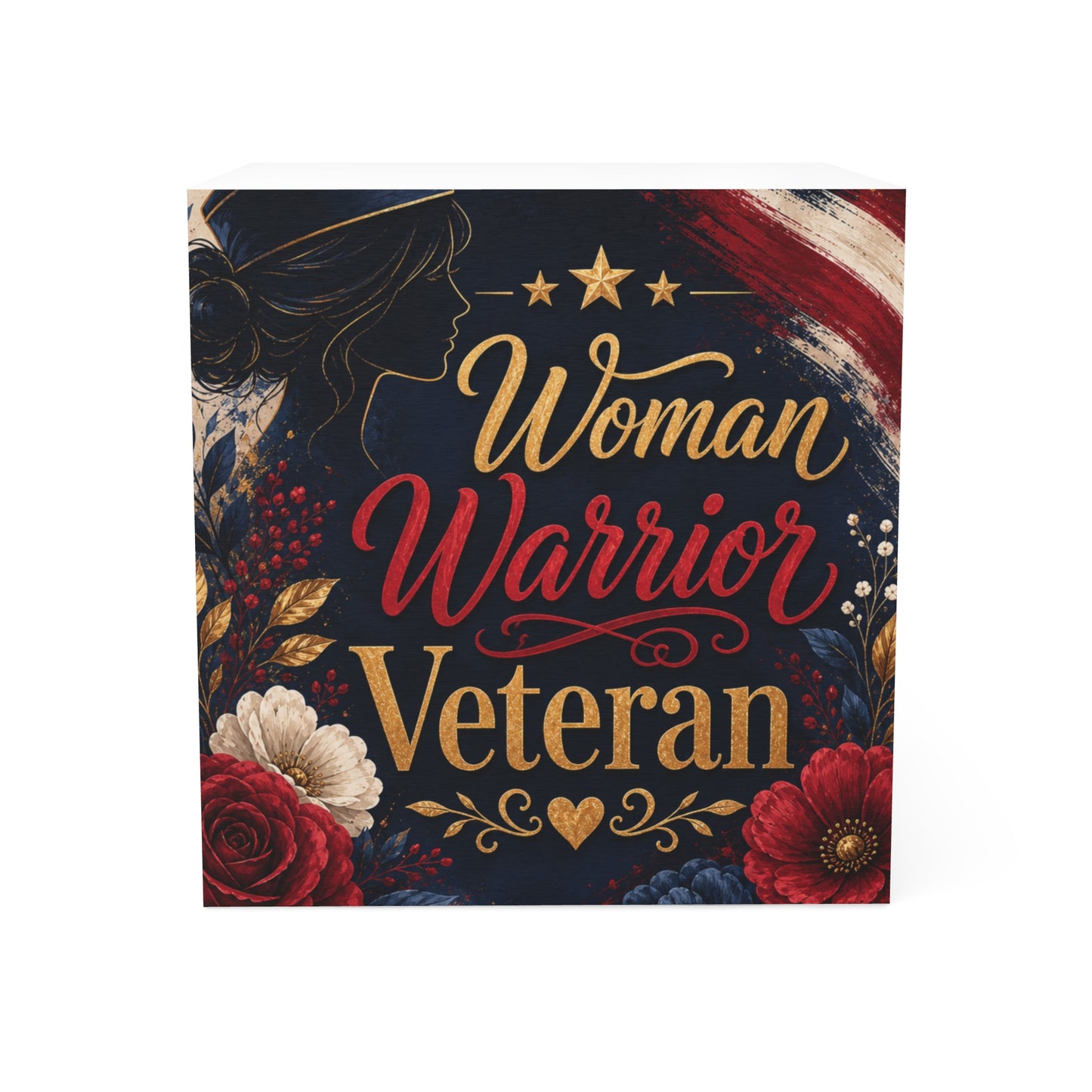 Woman Warrior Veteran Note Cube — Patriotic Sticky Note Block