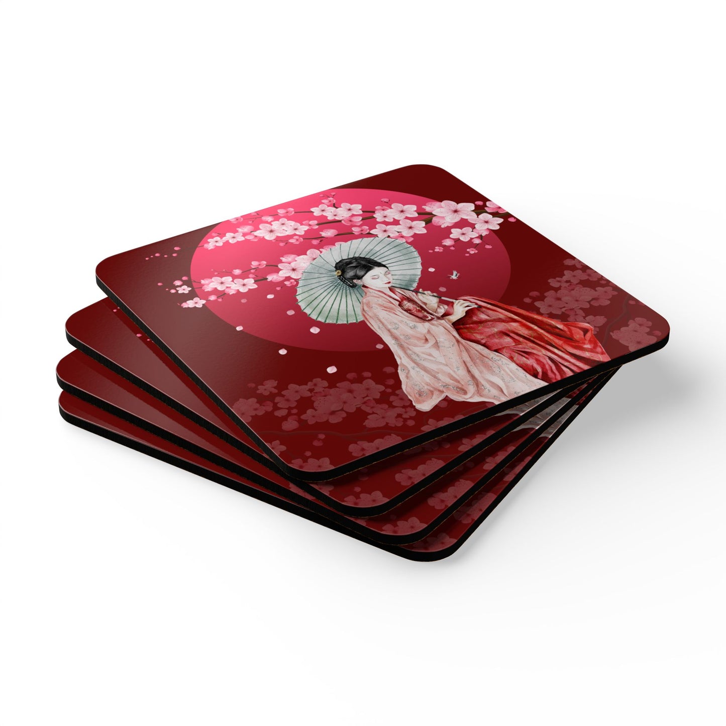 Cherry Blossoms Cherry Moon Corkwood Coaster Set