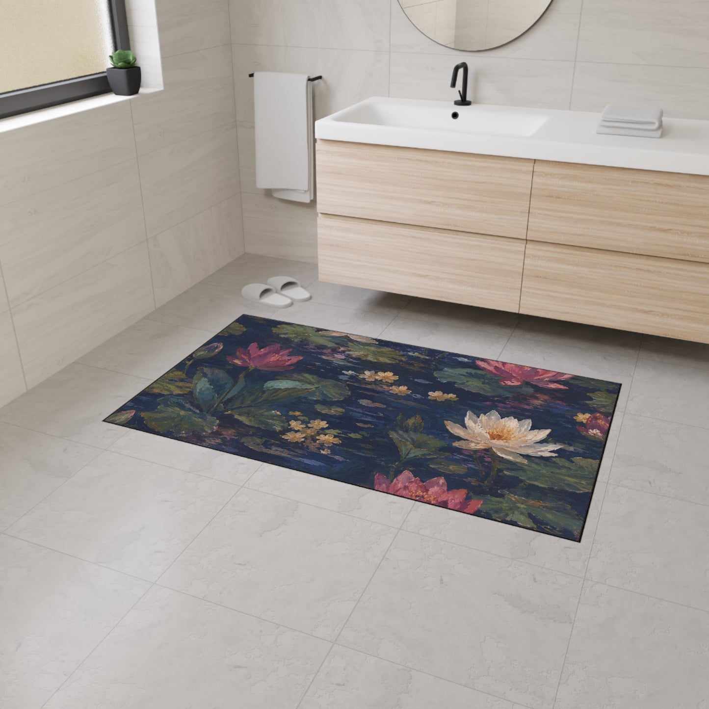 Dark Blue Lotus Pond Heavy-Duty Floor Mat — Durable Entryway Rug