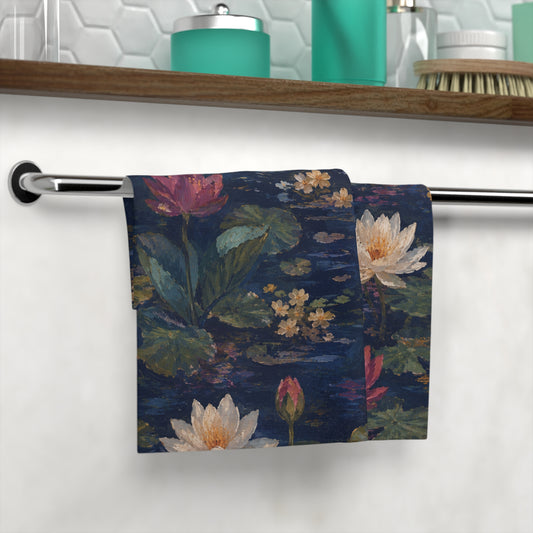 Dark Blue Lotus Pond Cotton Face Towel for Bathroom & Spa