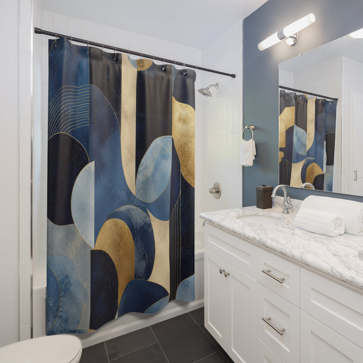 Azure Opulence Shower Curtain — Modern Mid-Century Bathroom Decor
