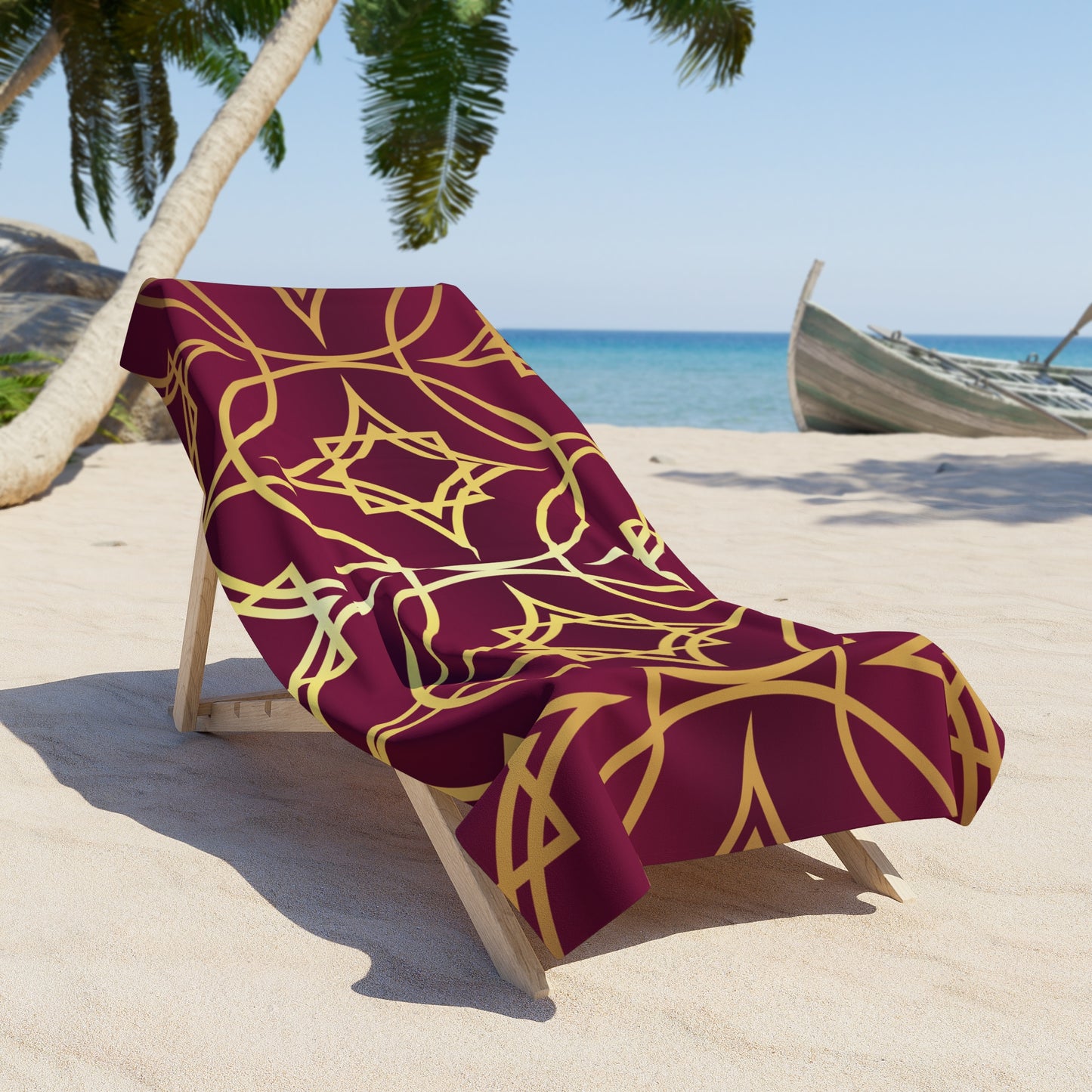 Gilded Geometric Beach Towel — Burgundy & Gold Moroccan Pattern