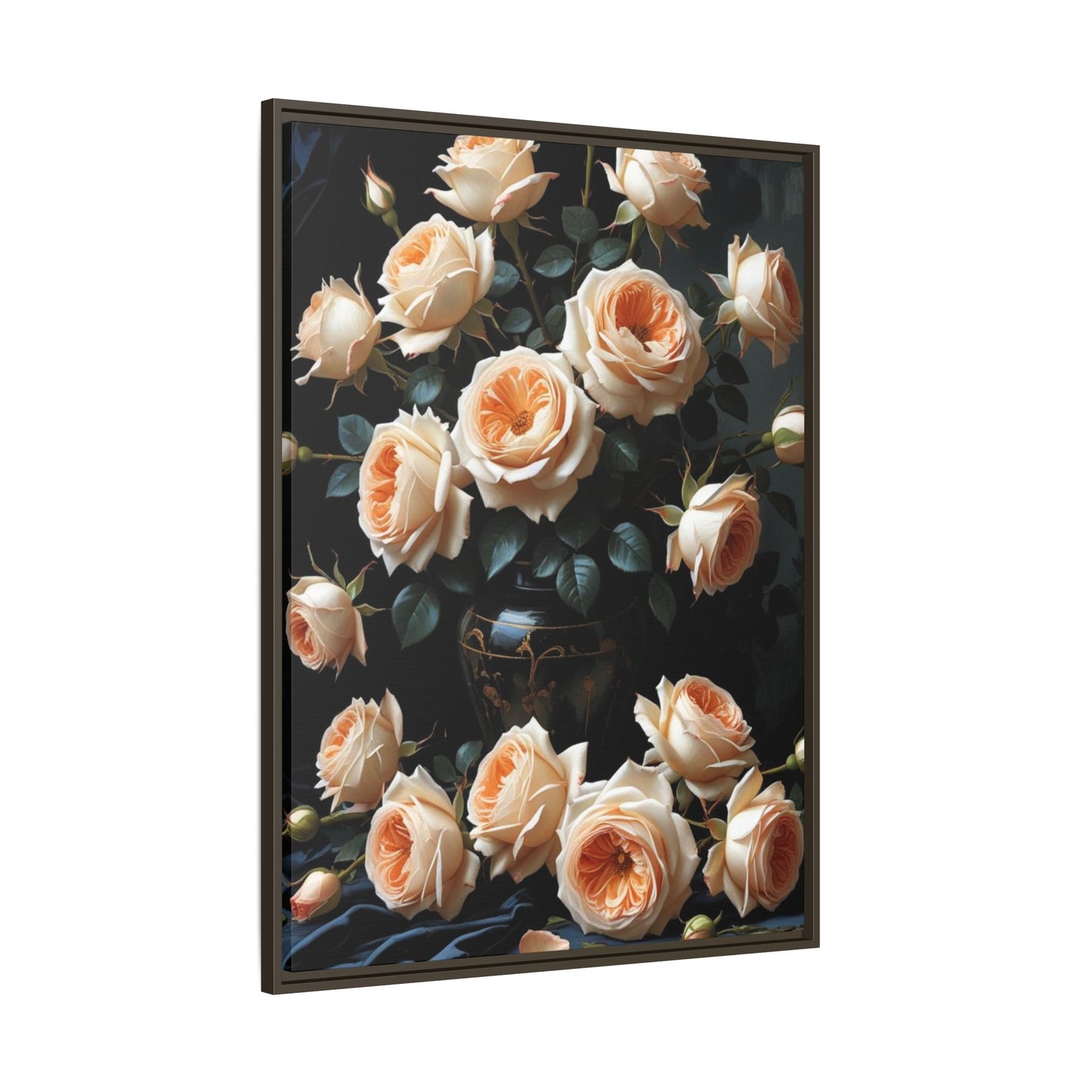 Peach Roses in Black Vase Floral Framed Matte Canvas Print