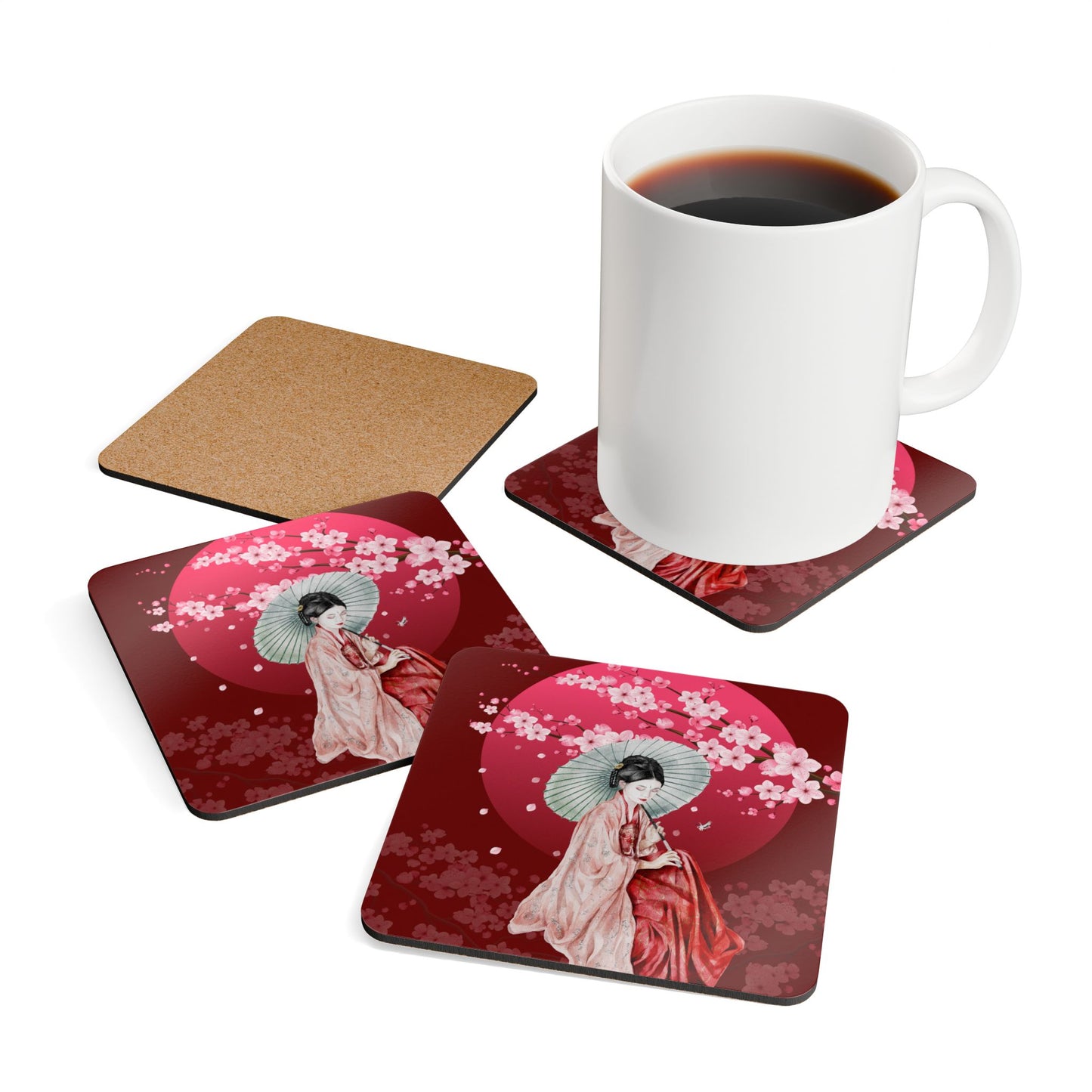 Cherry Blossoms Cherry Moon Corkwood Coaster Set