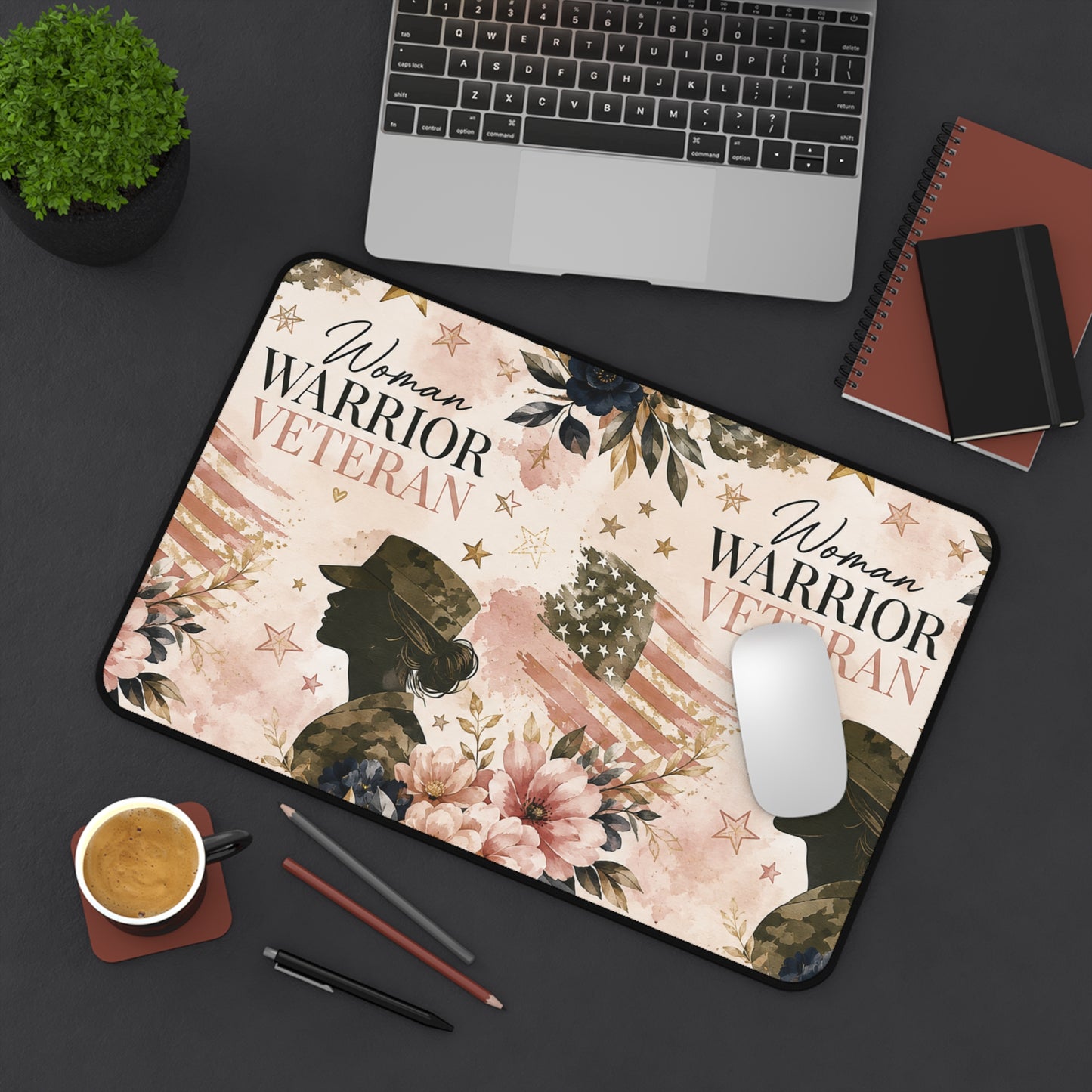 Woman Warrior Veteran Desk Mat — Feminine Patriotic Military Mouse Pad