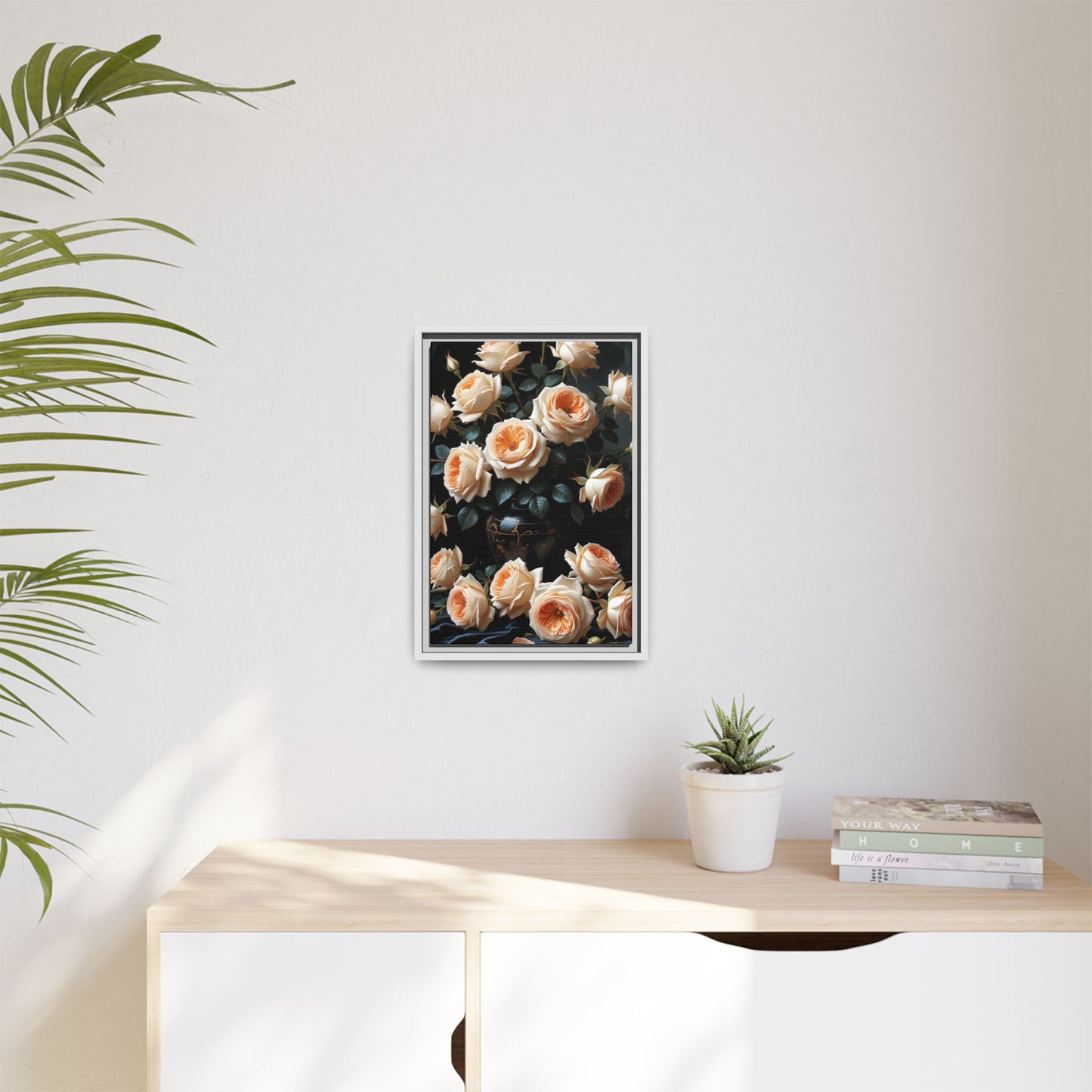 Peach Roses in Black Vase Floral Framed Matte Canvas Print