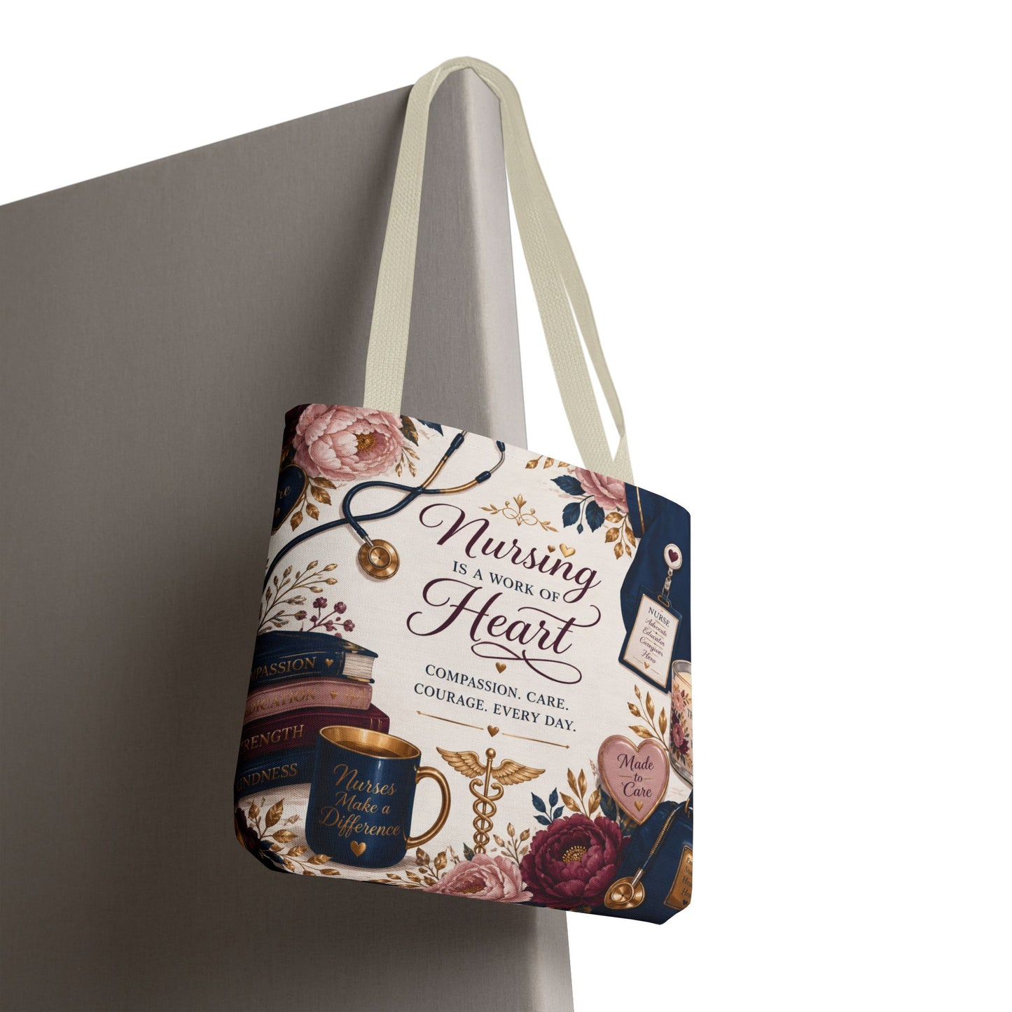 Nursing Is a Work of Heart Tote Bag – Floral Nurse Appreciation Gift