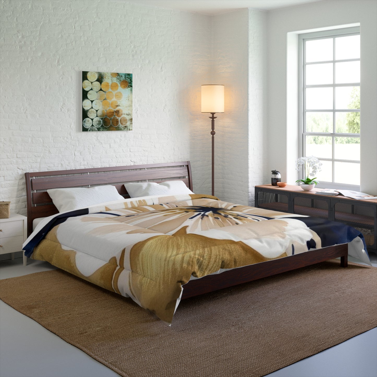 Floral Gold & Navy Comforter – Large Watercolor Blossom Bedding