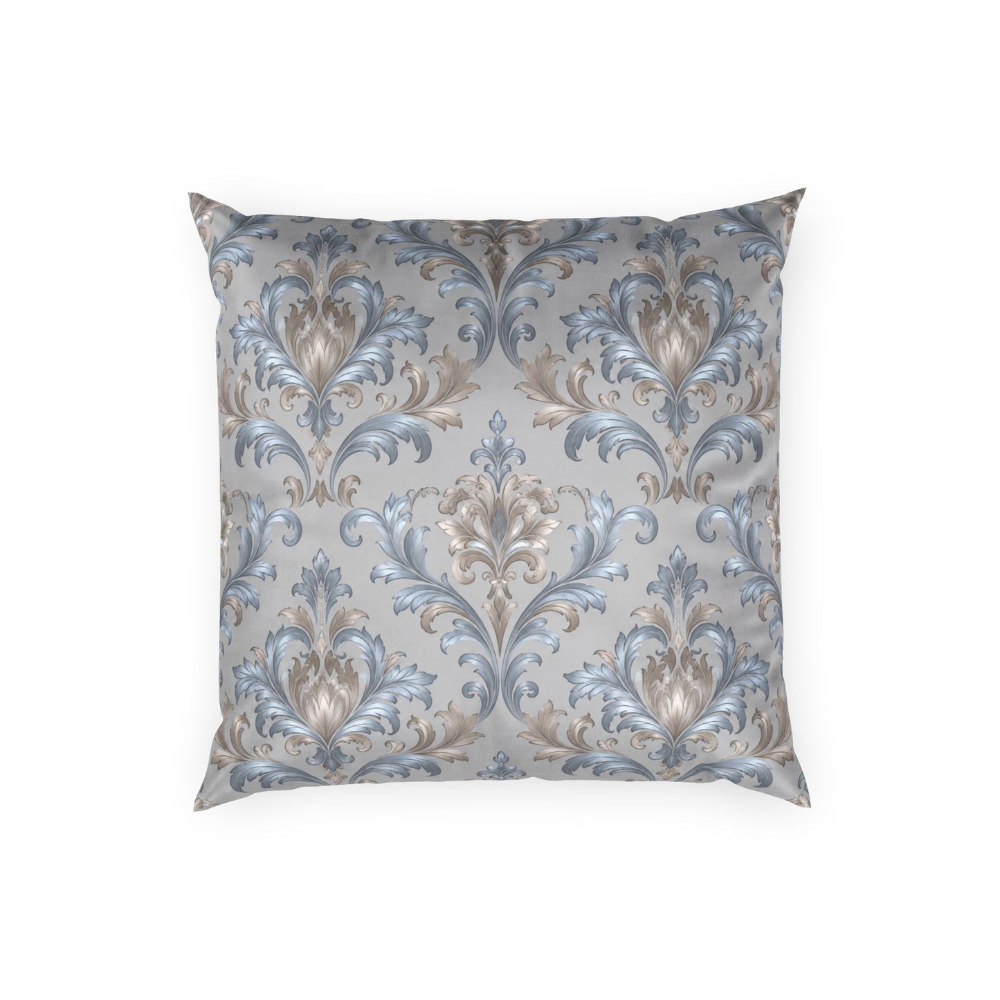 Elegant Blue Gray Damask Motif Velvet Pillow — Luxurious Decorative Throw Cushion