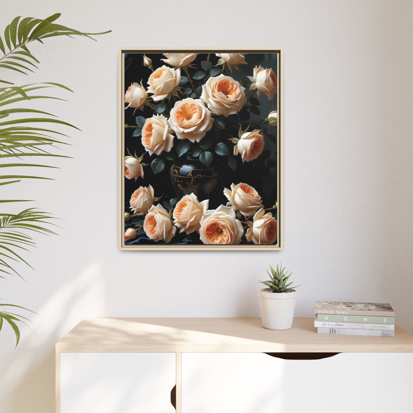 Peach Roses in Black Vase Floral Framed Matte Canvas Print