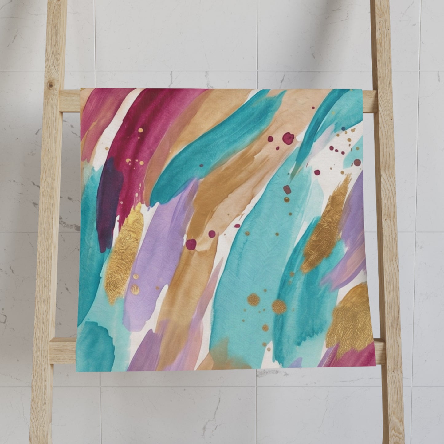 Abstract Watercolor Brushstroke Hand Towel — Teal, Plum & Gold Accent Kitchen Towel