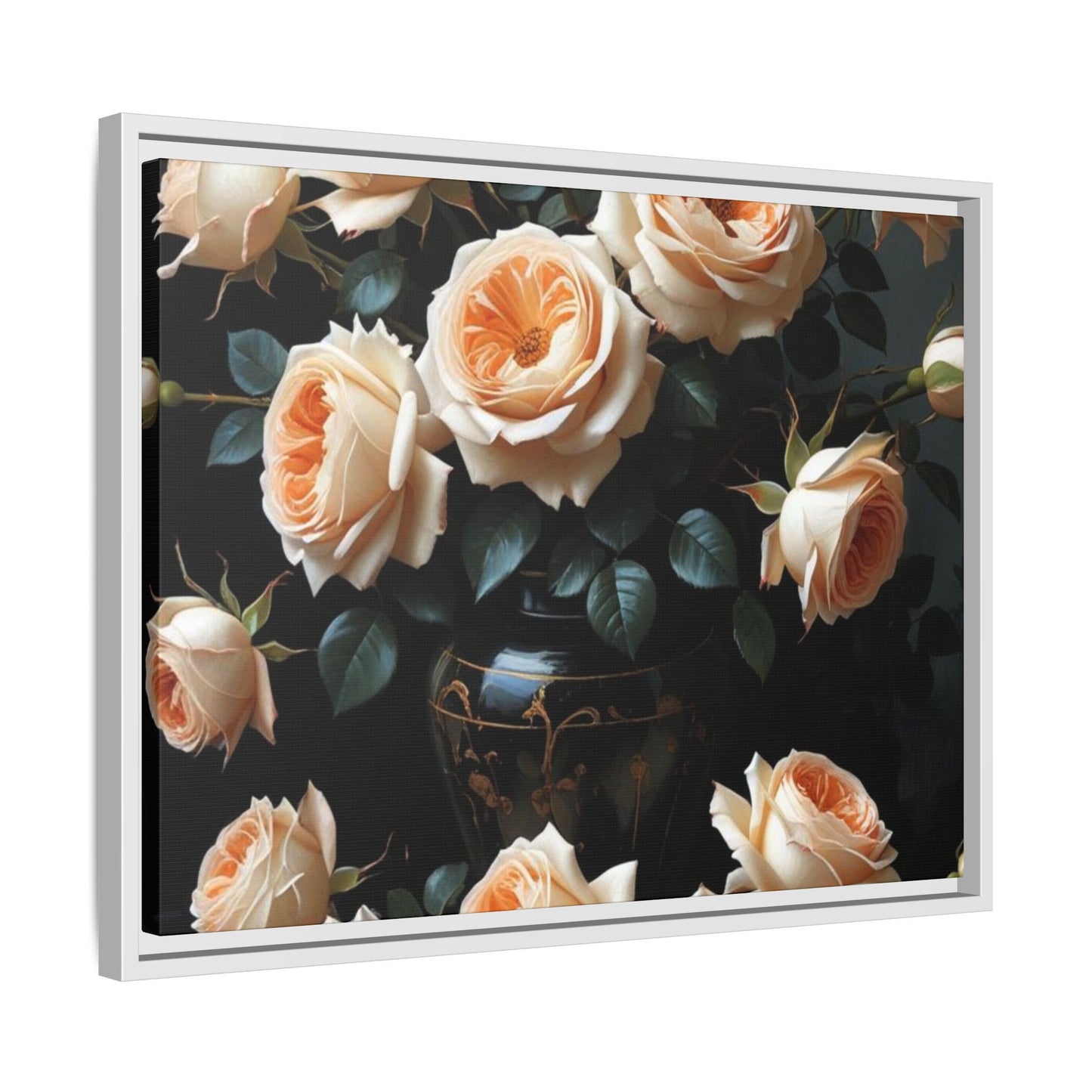 Peach Roses in Black Vase Floral Framed Matte Canvas Print