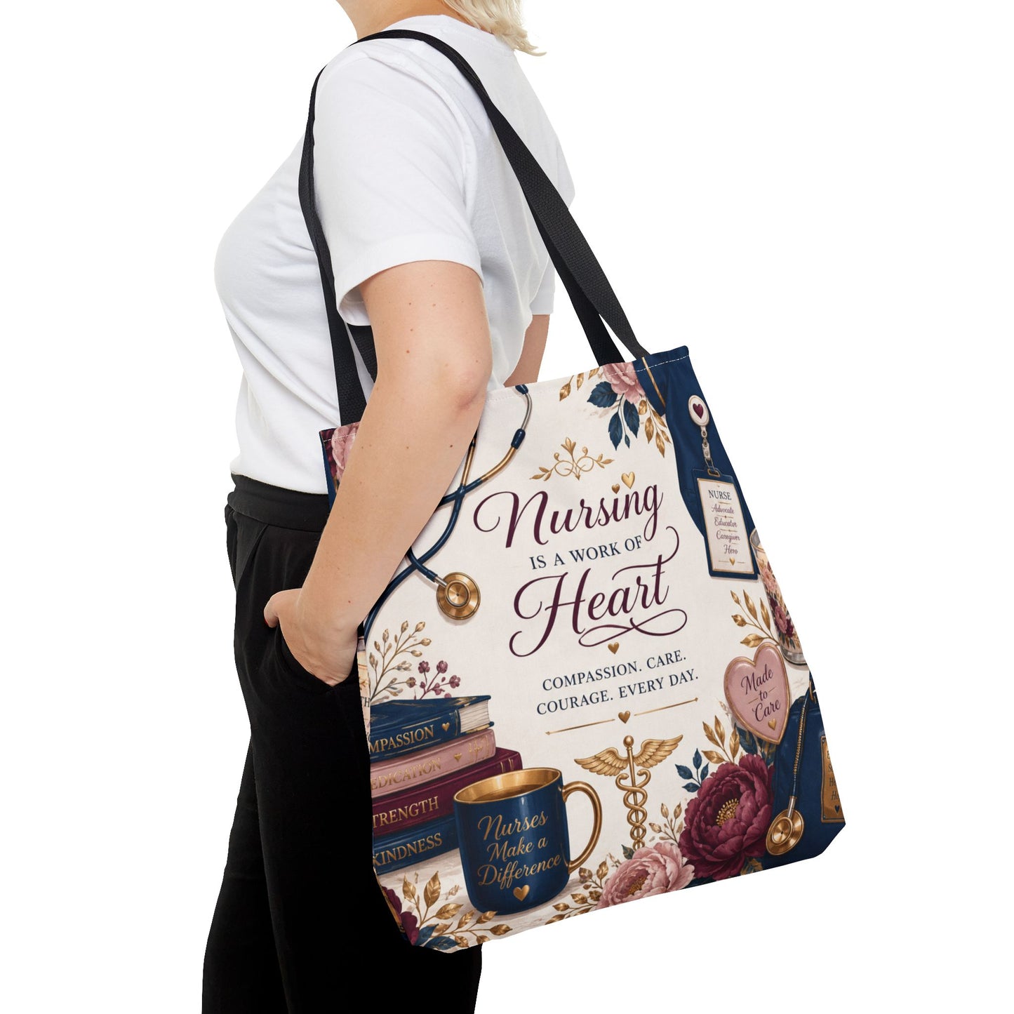 Nursing Is a Work of Heart Tote Bag – Floral Nurse Appreciation Gift