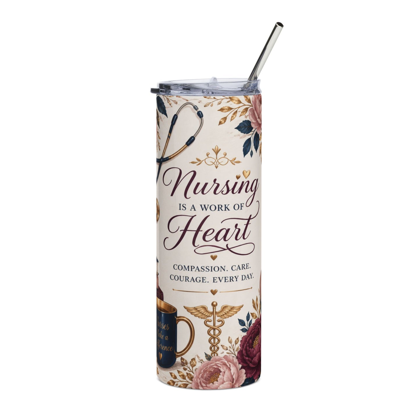 Nursing Is a Work of Heart 20oz Stainless Tumbler — Floral Nurse Gift