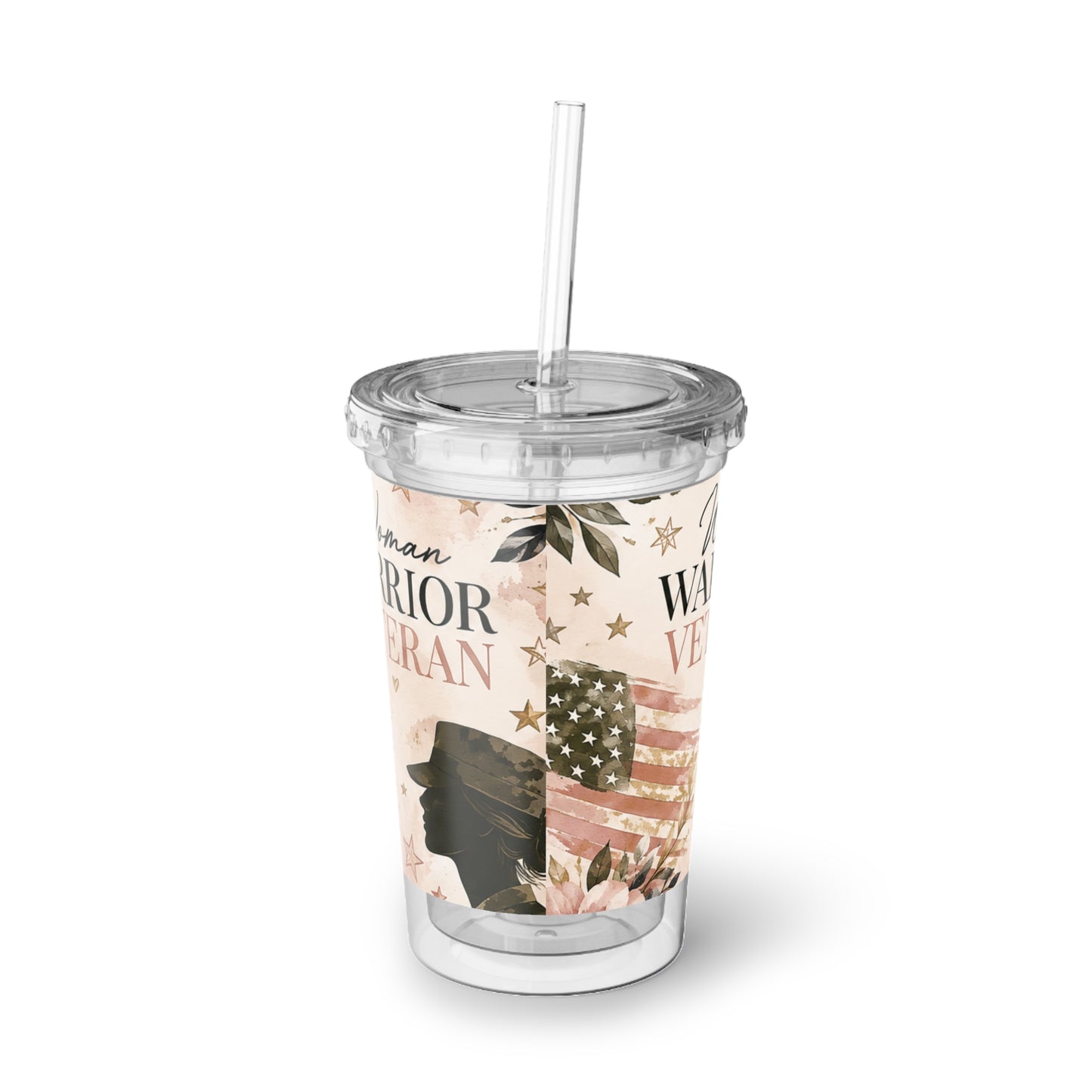 Woman Warrior Veteran Acrylic Tumbler — Patriotic Floral Suave Cup