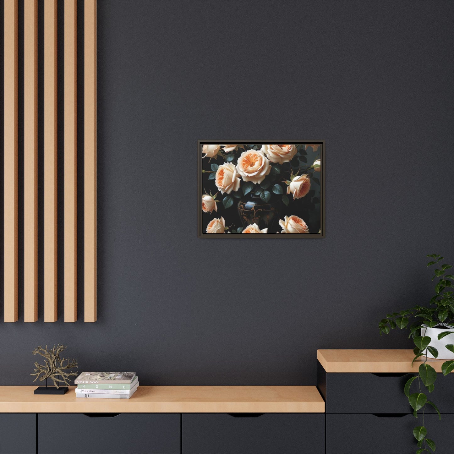 Peach Roses in Black Vase Floral Framed Matte Canvas Print