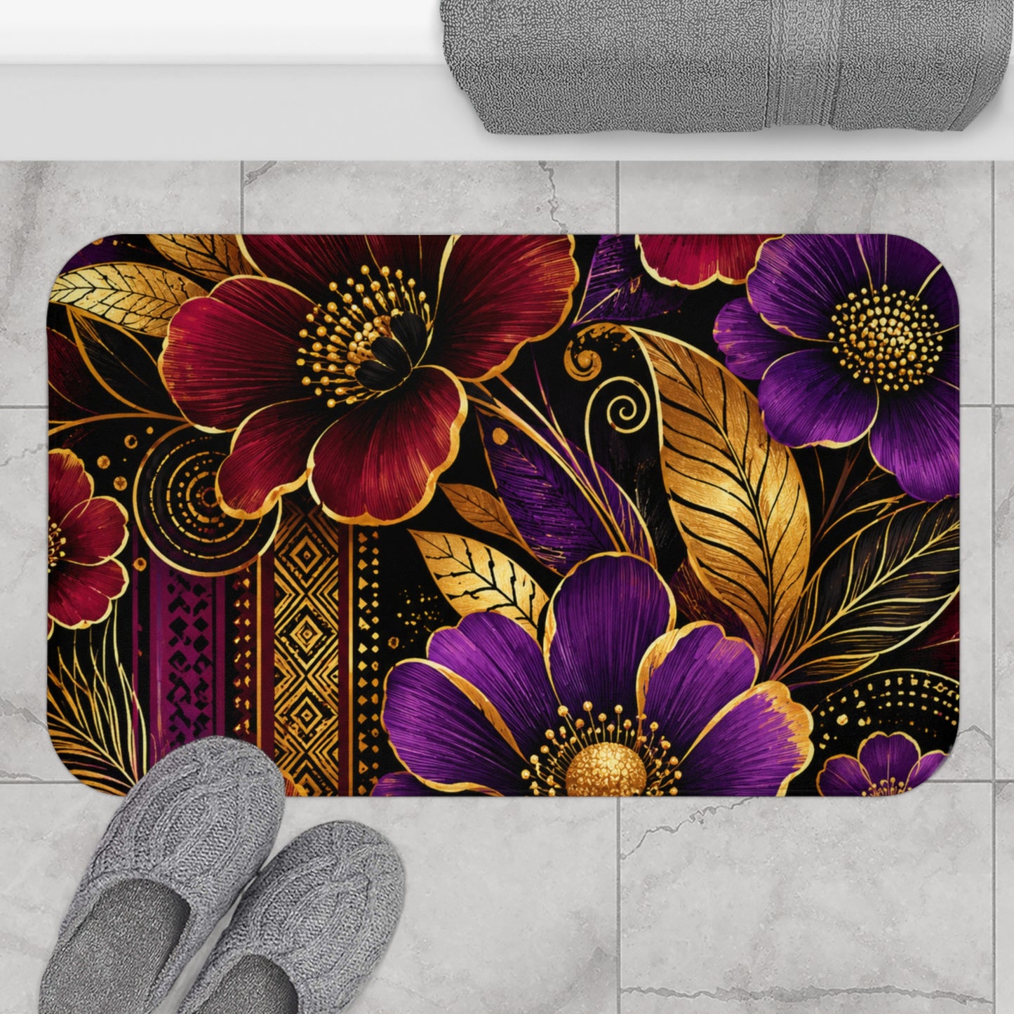 Zuri Garden Bath Mat – Plush Non-Slip Floral Bath Rug in Burgundy, Gold, Black & Purple