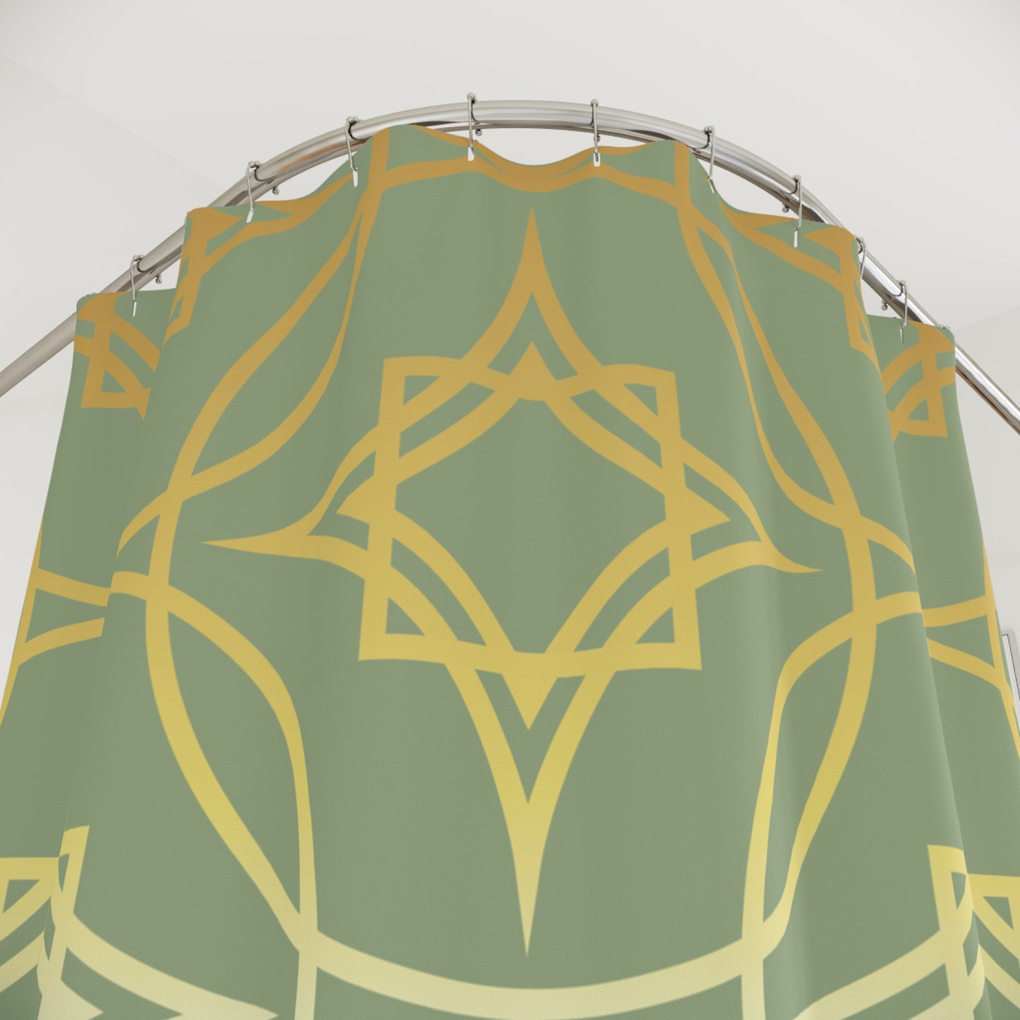 Gilded Geometric Shower Curtain — Sage Green & Gold Bath Décor