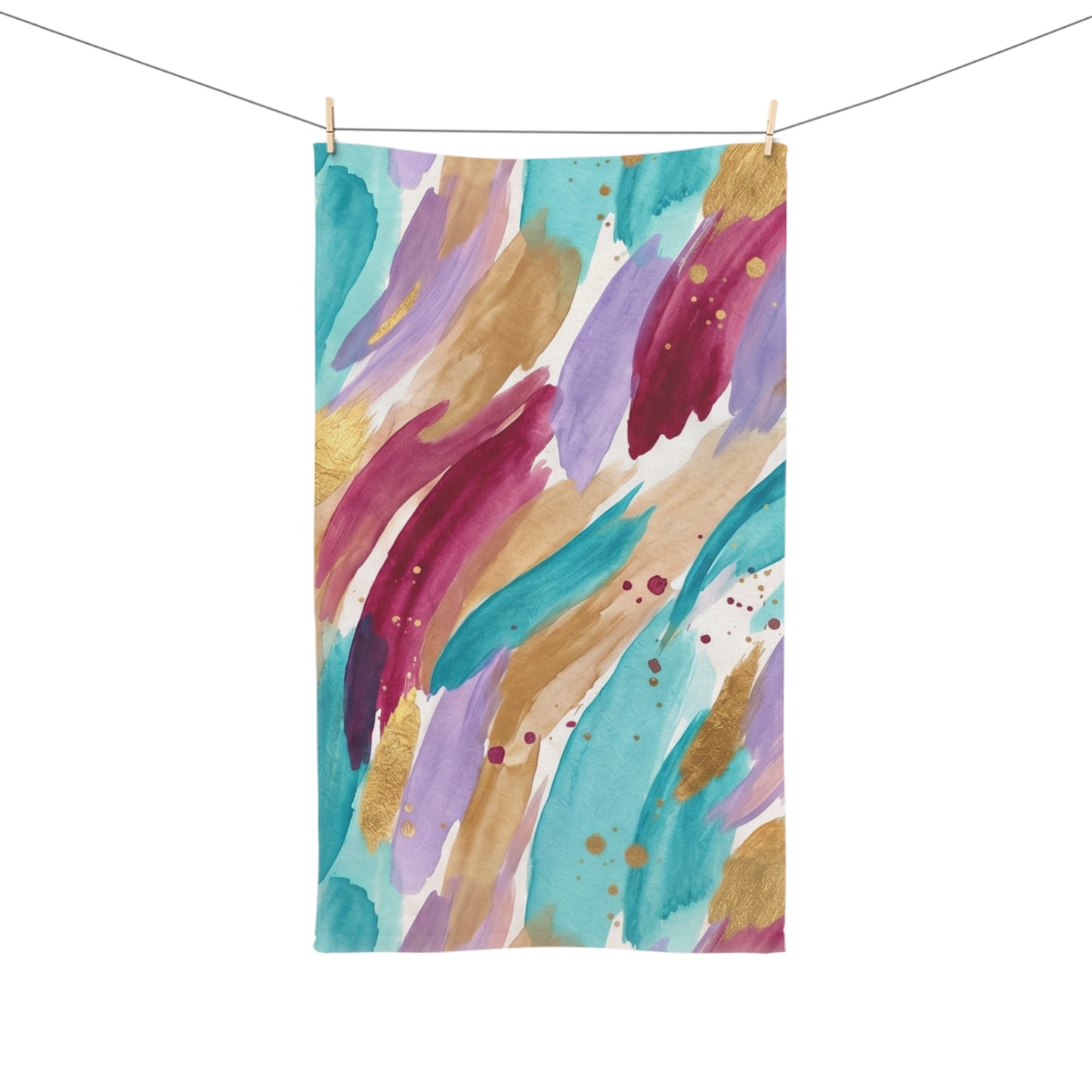 Abstract Watercolor Brushstroke Hand Towel — Teal, Plum & Gold Accent Kitchen Towel