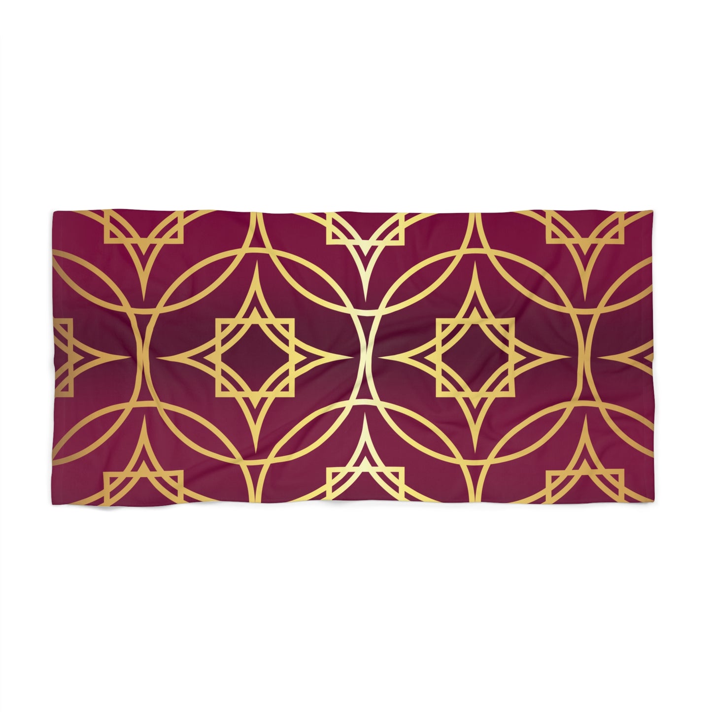 Gilded Geometric Beach Towel — Burgundy & Gold Moroccan Pattern