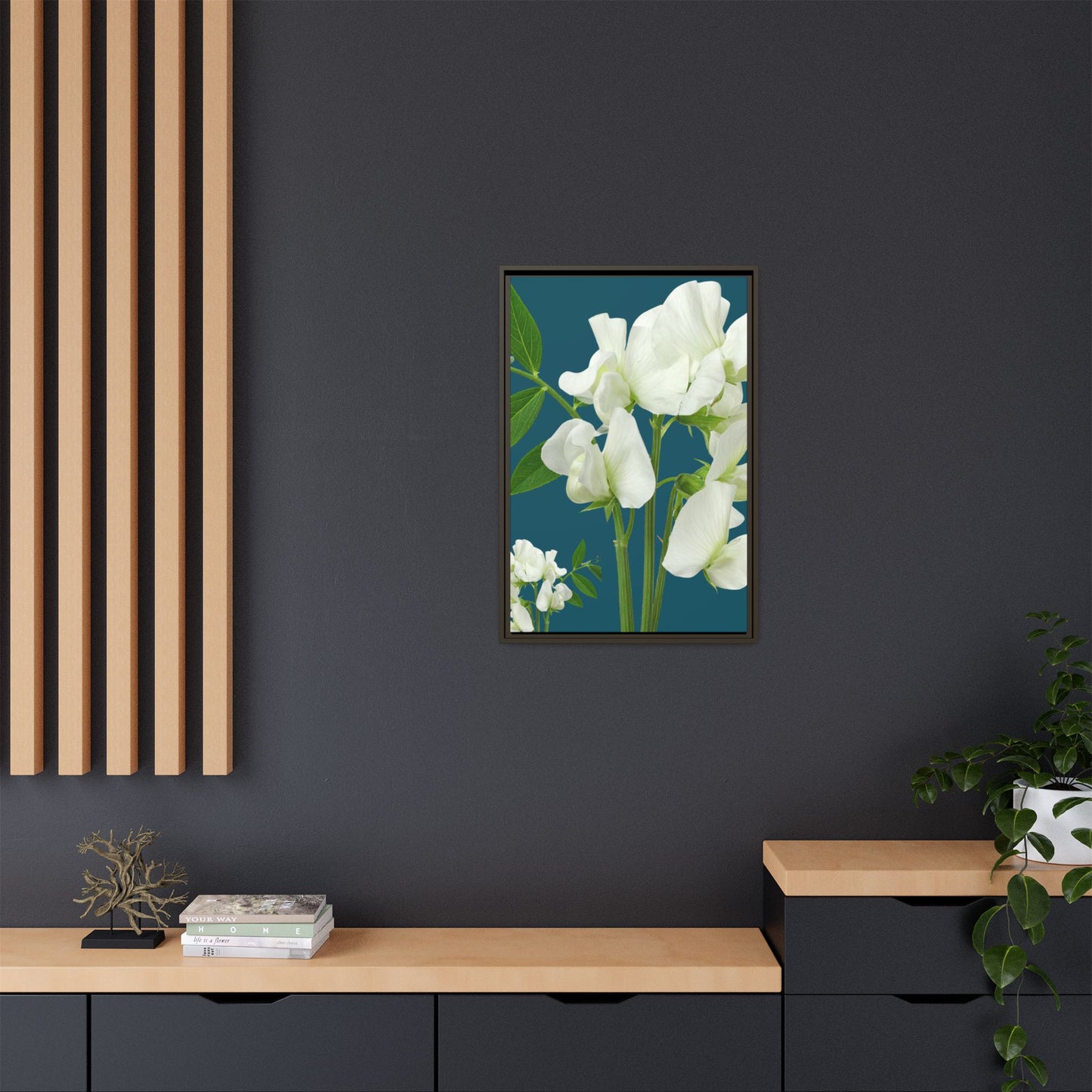 Framed White Sweet Pea Floral Matte Canvas Print