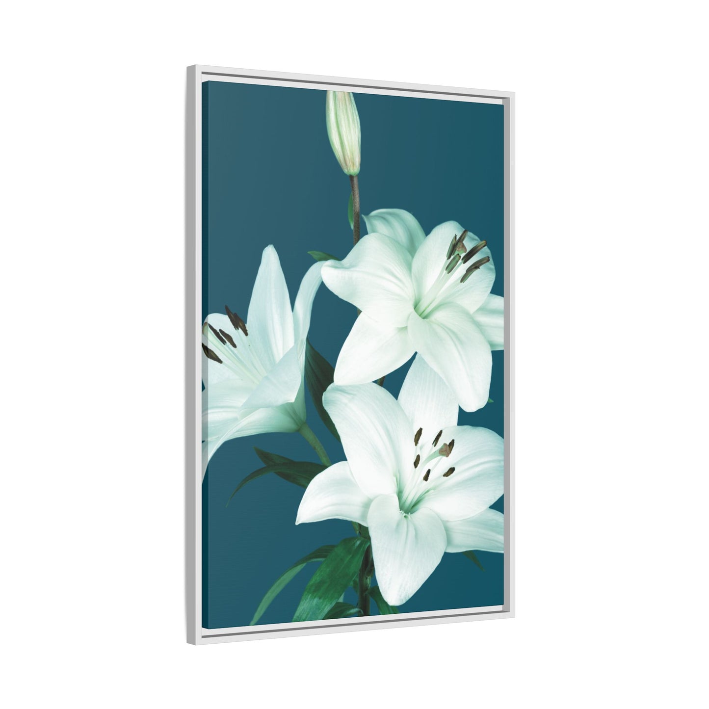 Teal Wave White Lily Botanical Framed Canvas Print