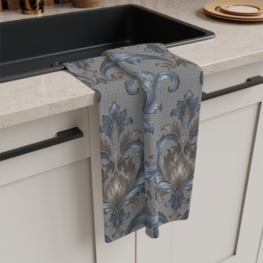 Elegant Blue Gray Damask Motif Microfiber Tea Towel – Kitchen Linen