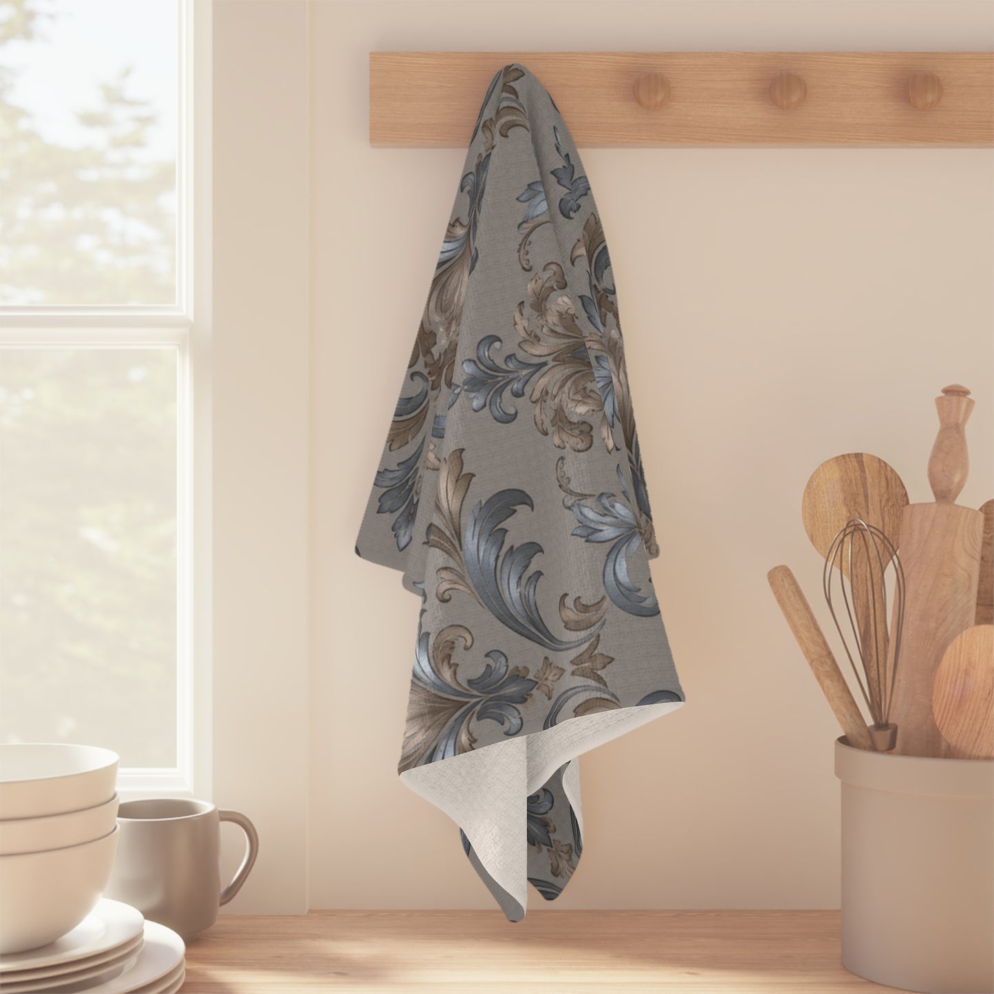 Elegant Blue Gray Damask Motif Microfiber Tea Towel – Kitchen Linen