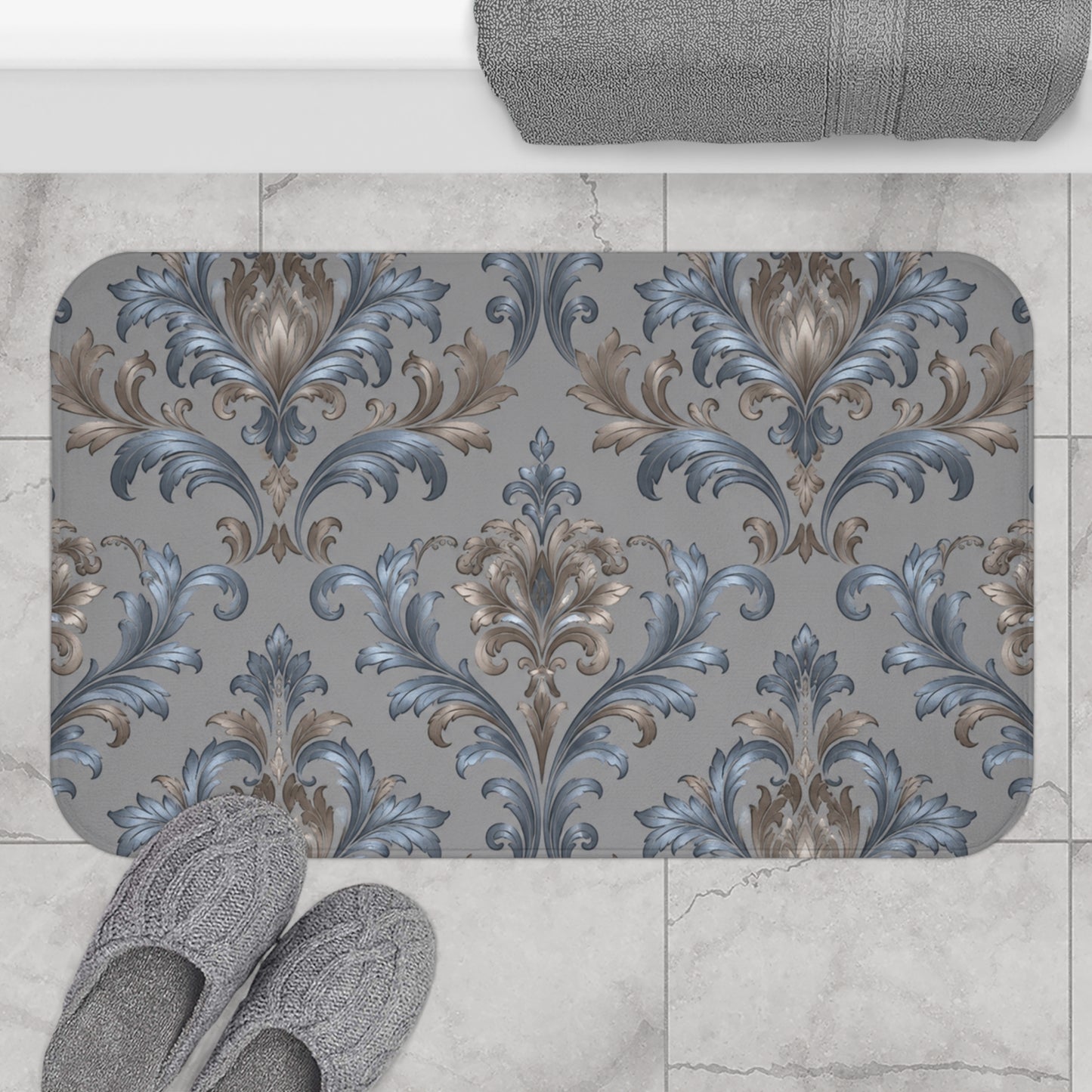Elegant Blue Gray Damask Bath Mat — Vintage Floral Non-Slip Bath Rug