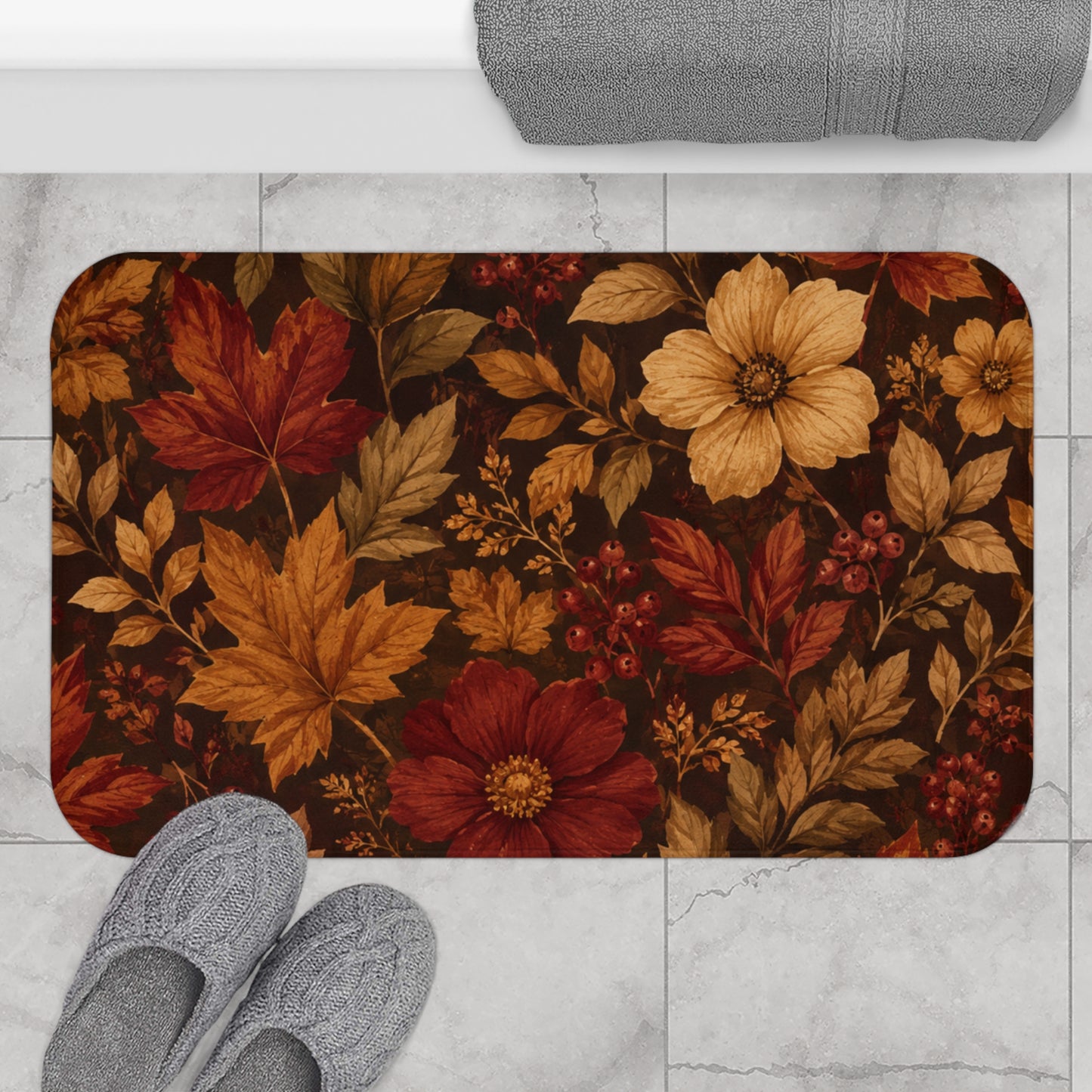 Rustic Fall Leaves & Floral Bathroom Rug