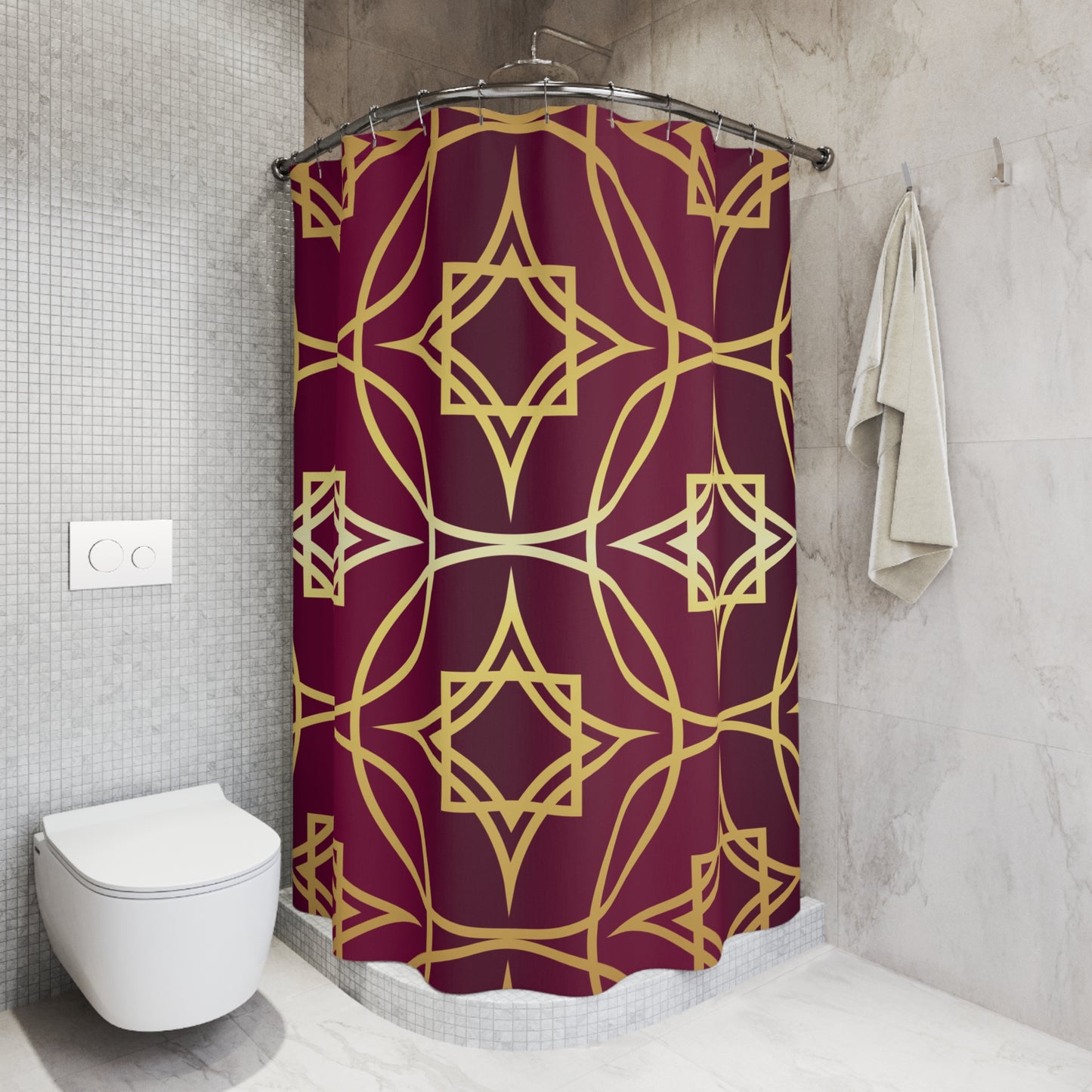 Gilded Geometric Shower Curtain — Burgundy & Gold Art Deco Bath Curtain