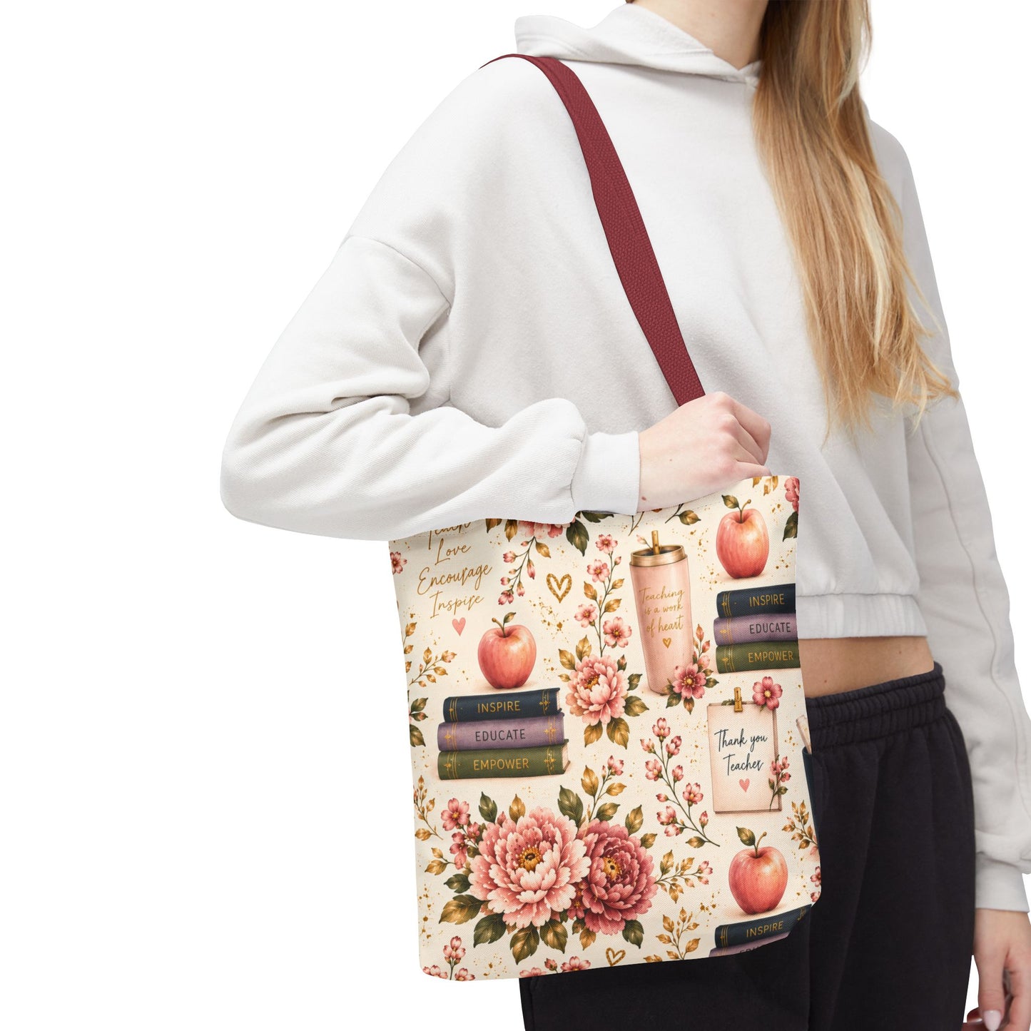 Teacher Appreciation Tote Bag - 'Thank You Teacher' Book & Apple Pattern