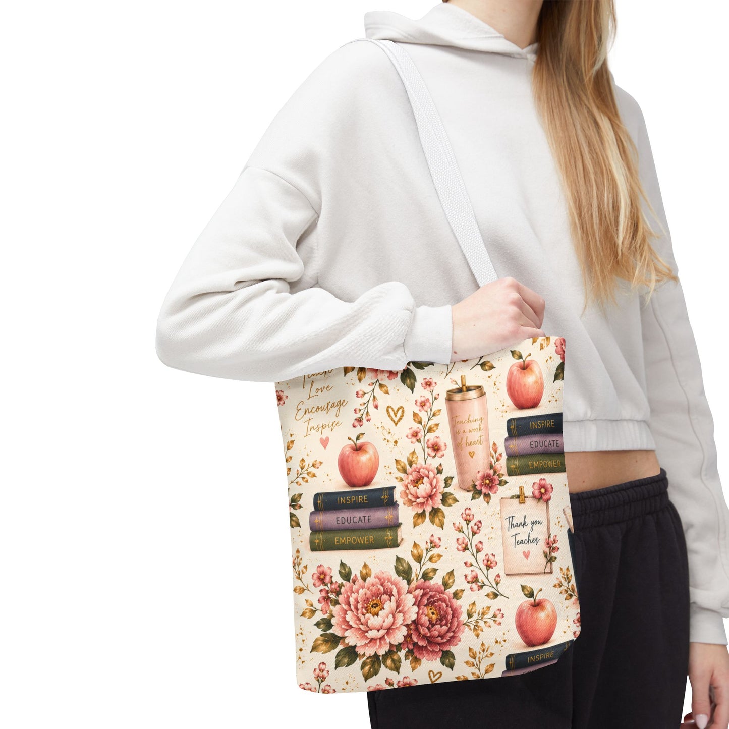 Teacher Appreciation Tote Bag - 'Thank You Teacher' Book & Apple Pattern