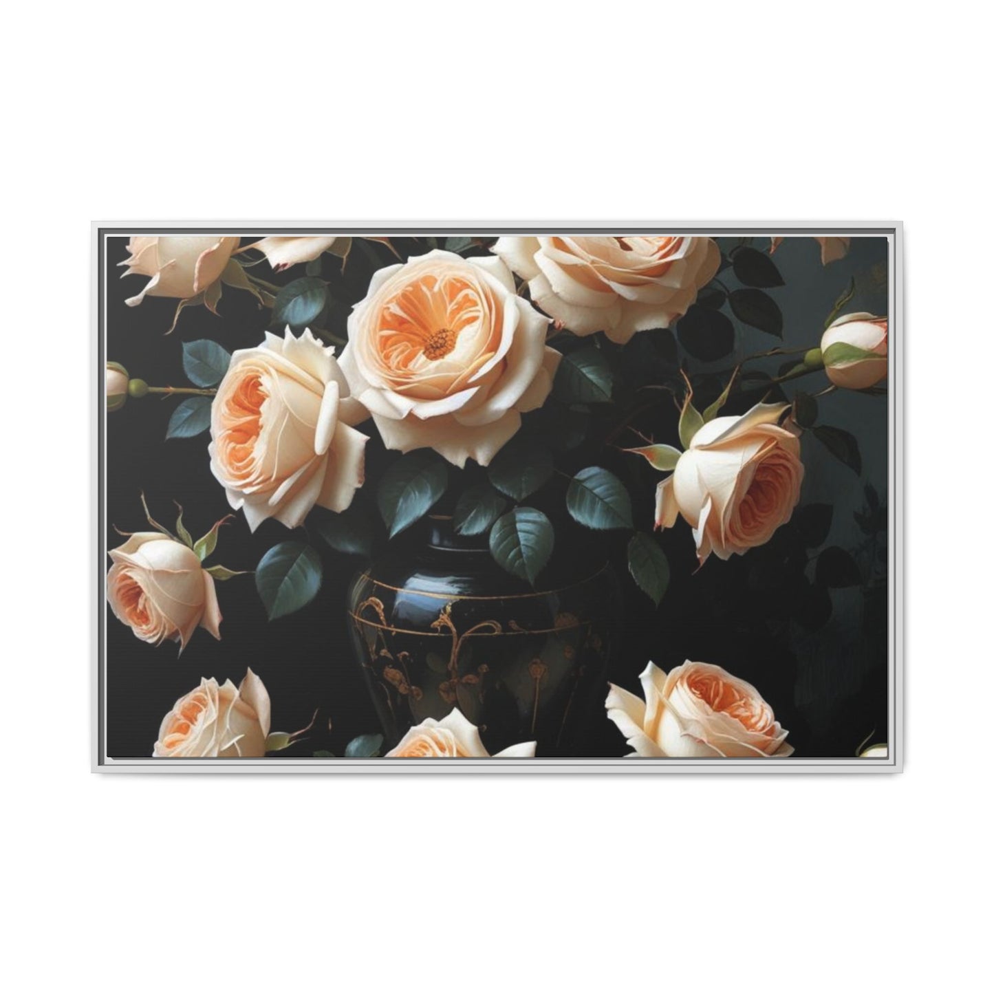 Peach Roses in Black Vase Floral Framed Matte Canvas Print