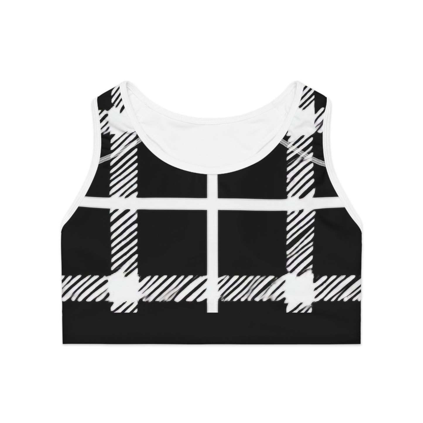 Black/White Plaid Sports Bra (AOP)