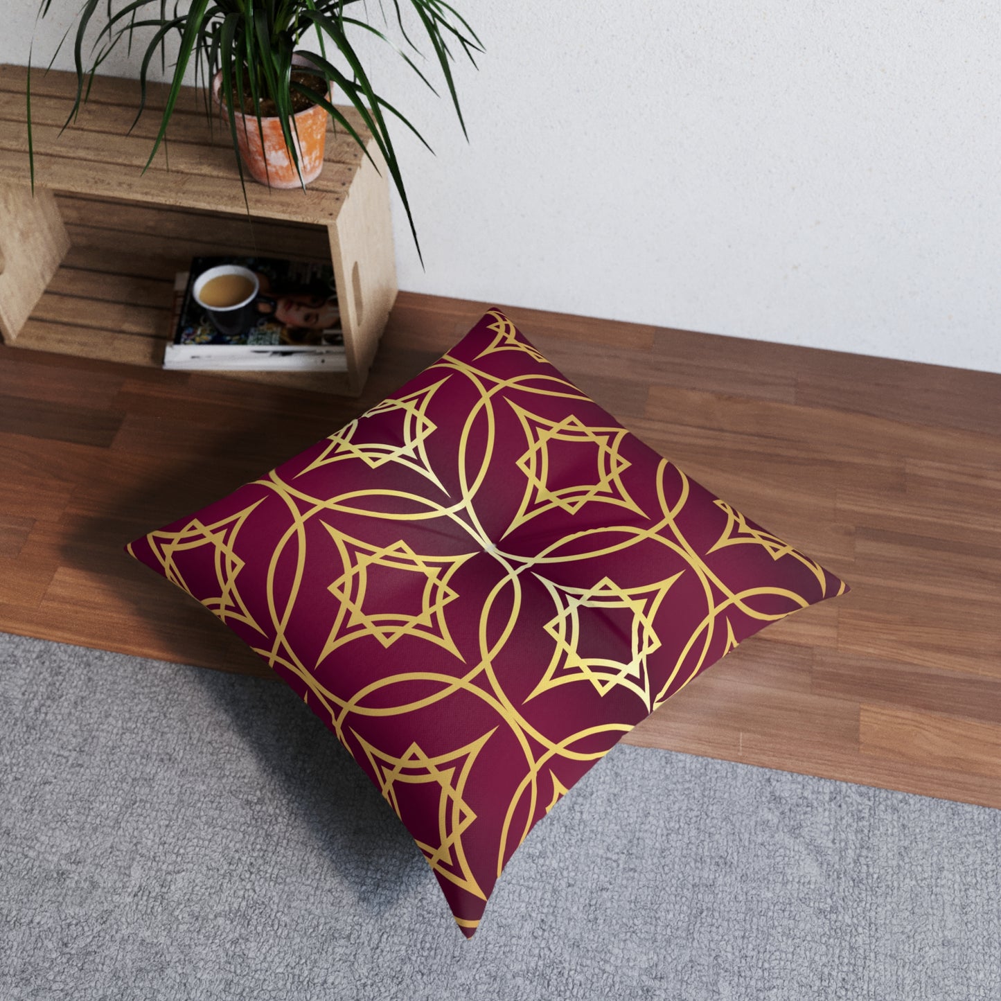 Gilded Geometric — Burgundy & Gold Decorative Tufted Floor Pillow Cushion