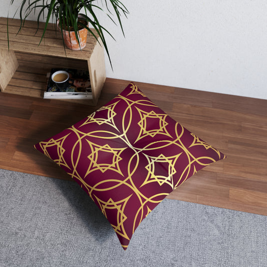 Gilded Geometric — Burgundy & Gold Decorative Tufted Floor Pillow Cushion
