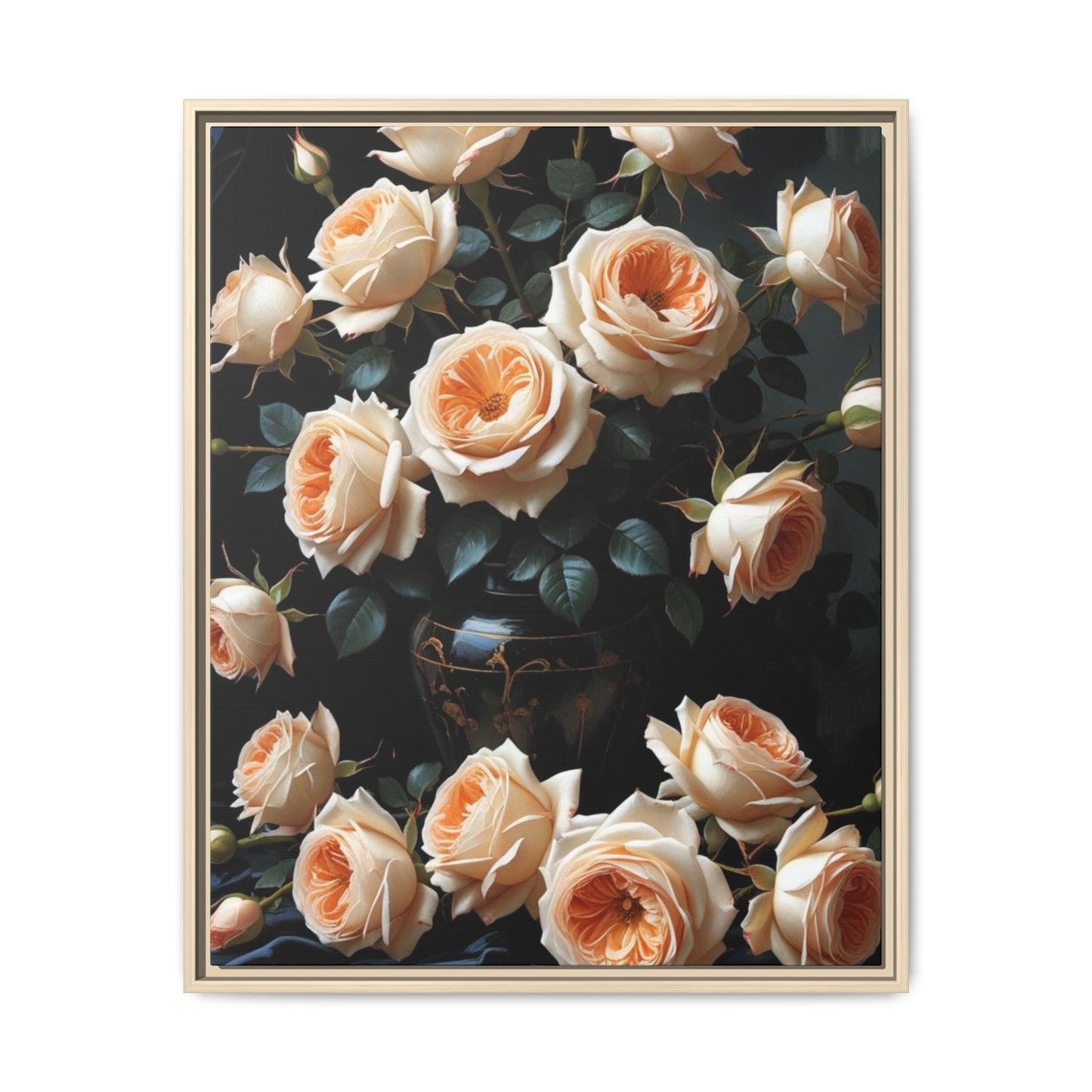 Peach Roses in Black Vase Floral Framed Matte Canvas Print